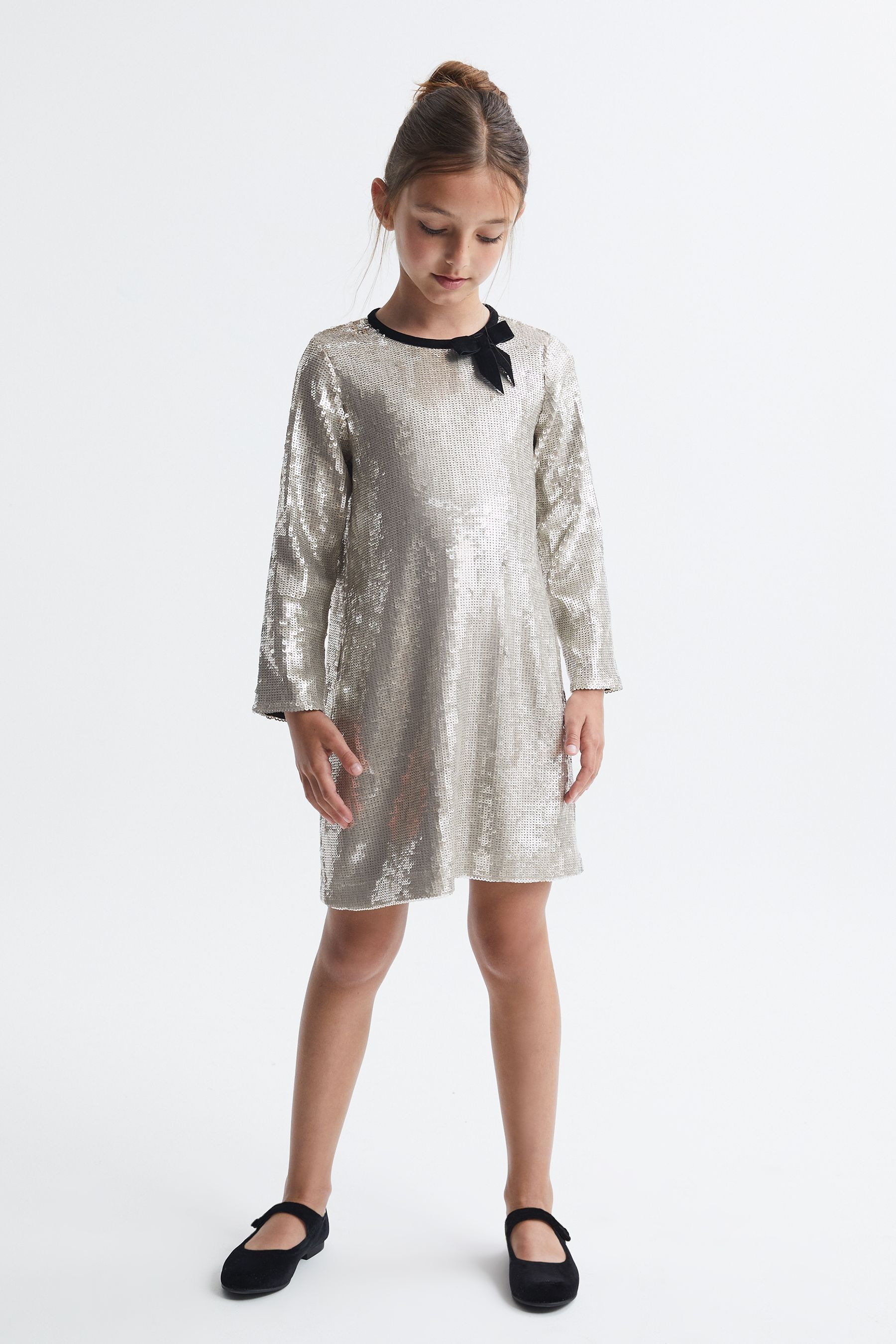 Reiss Kids' Leon Bow-embellished Stretch-woven Mini Dress 4-9 Years In Silver