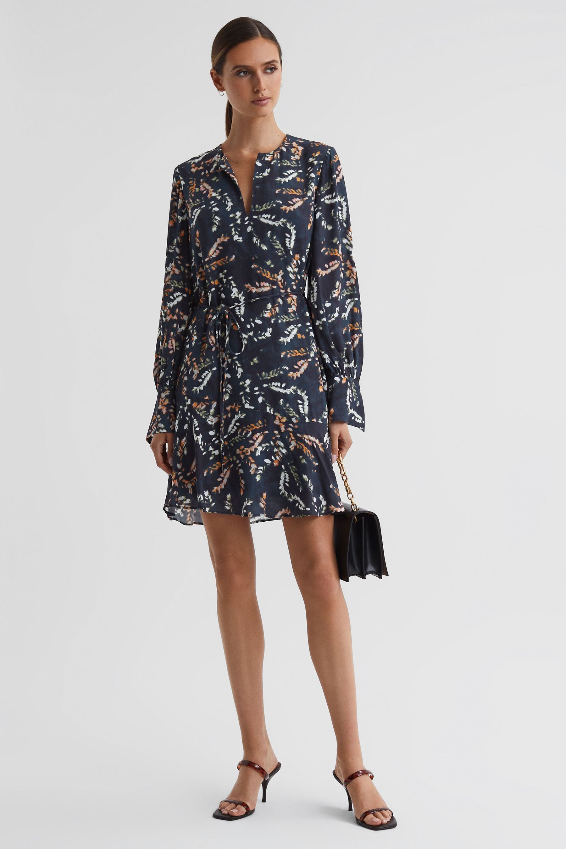 Reiss Hayley - Black Printed Long Sleeve Midi Dress, Us 4