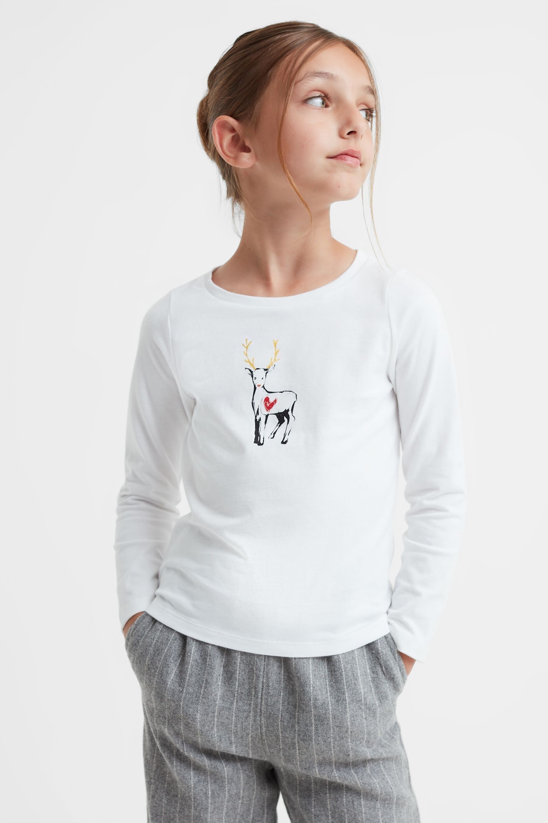 Reiss Kids' Marli - White Junior Cotton Reindeer Long Sleeve T-shirt, Age 8-9 Years