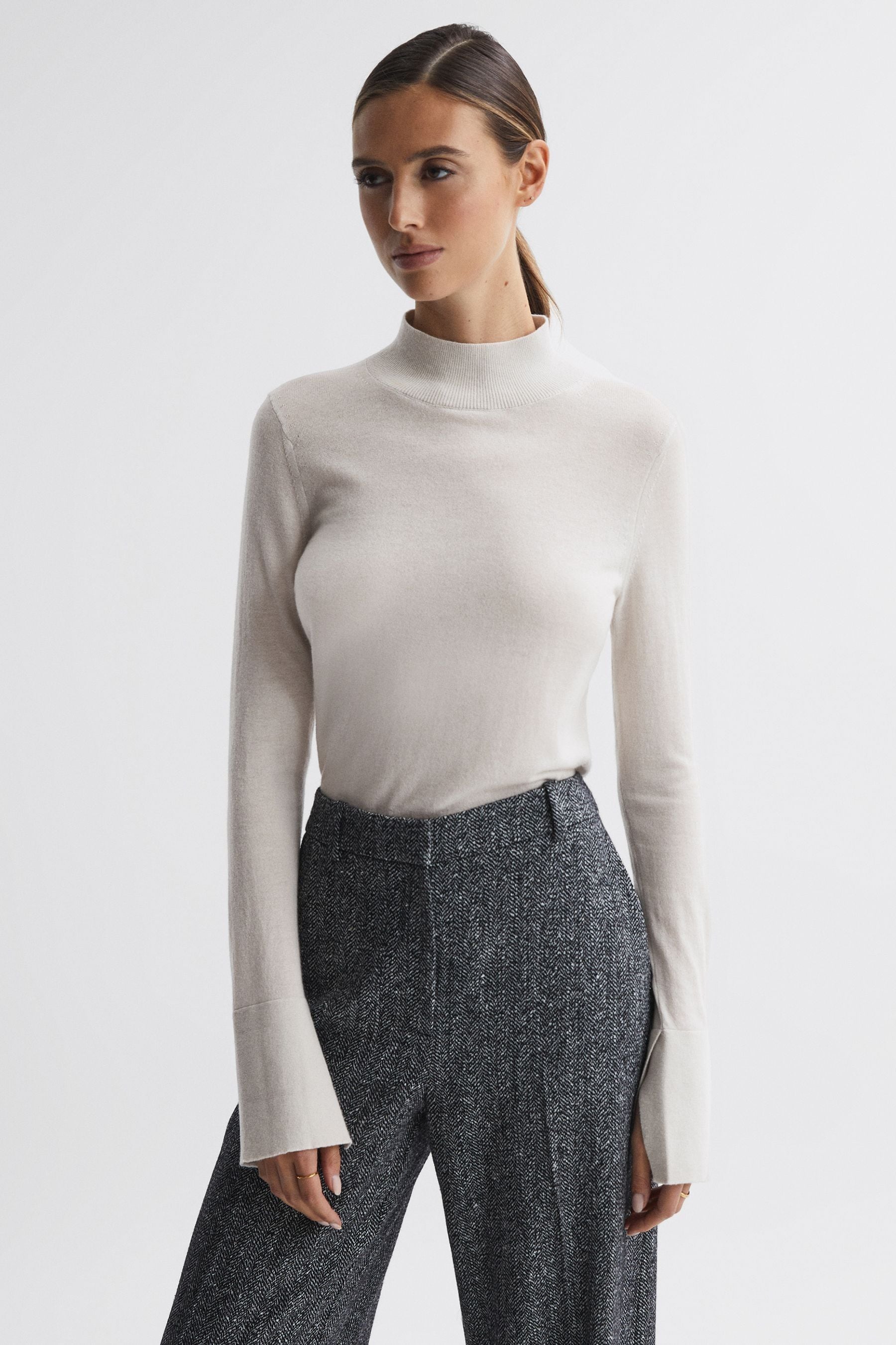Reiss Kylie - Stone Merino Wool Fitted Funnel Neck Top, Xs