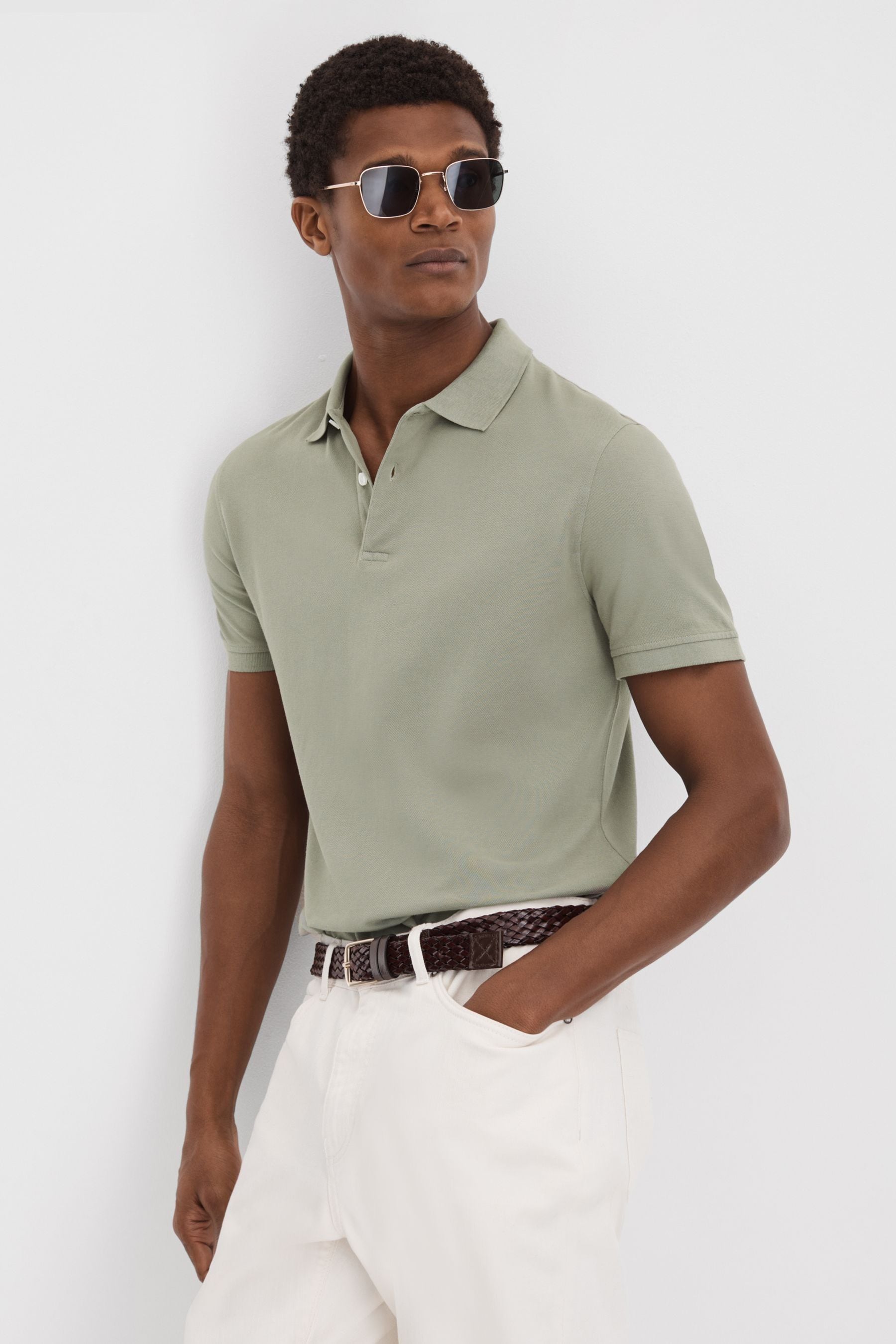 Reiss Puro - Dark Sage Garment Dyed Cotton Polo Shirt, M