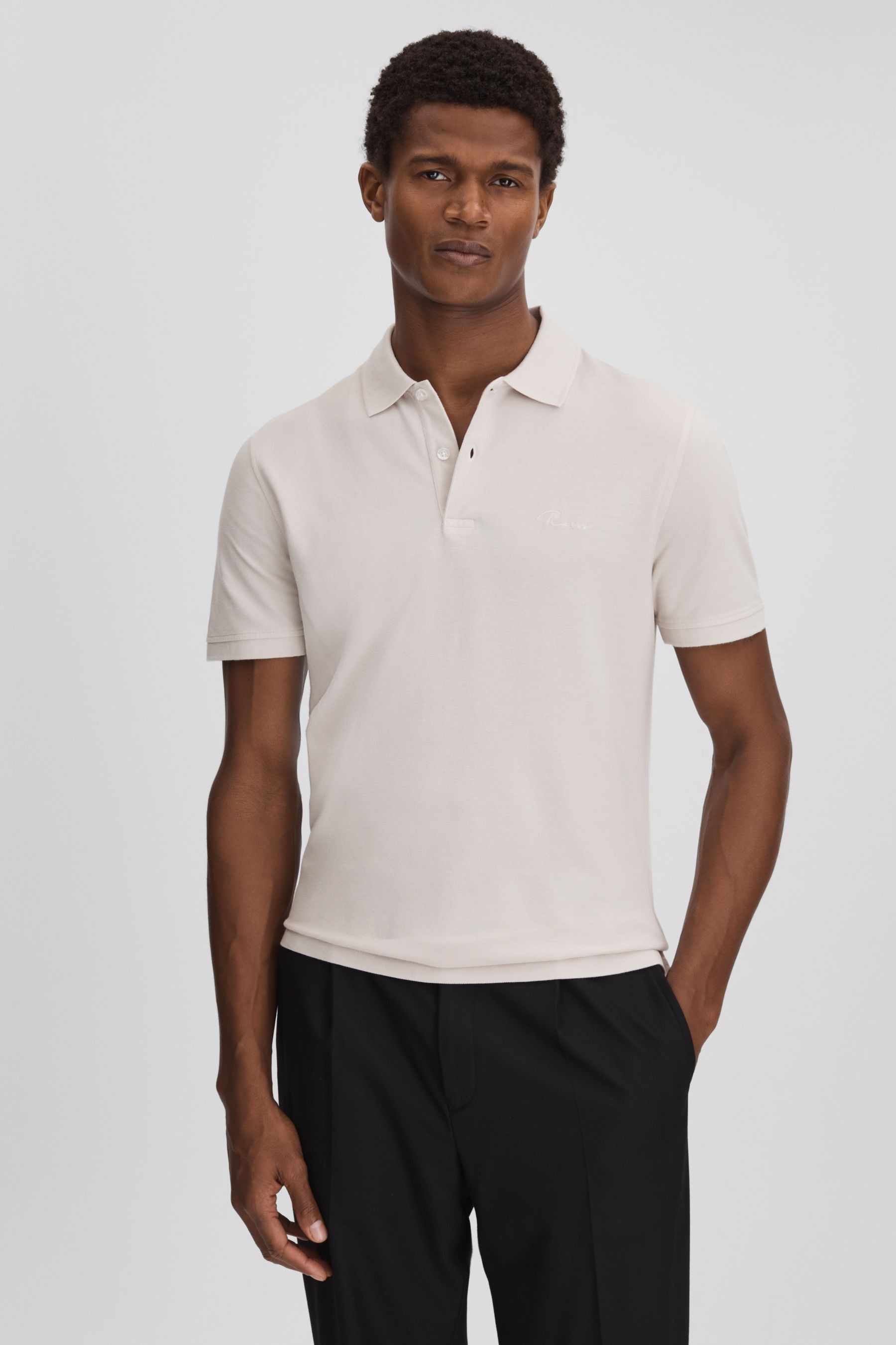 Reiss Peters - Ice Grey Slim Fit Garment Dyed Embroidered Polo Shirt, Xs