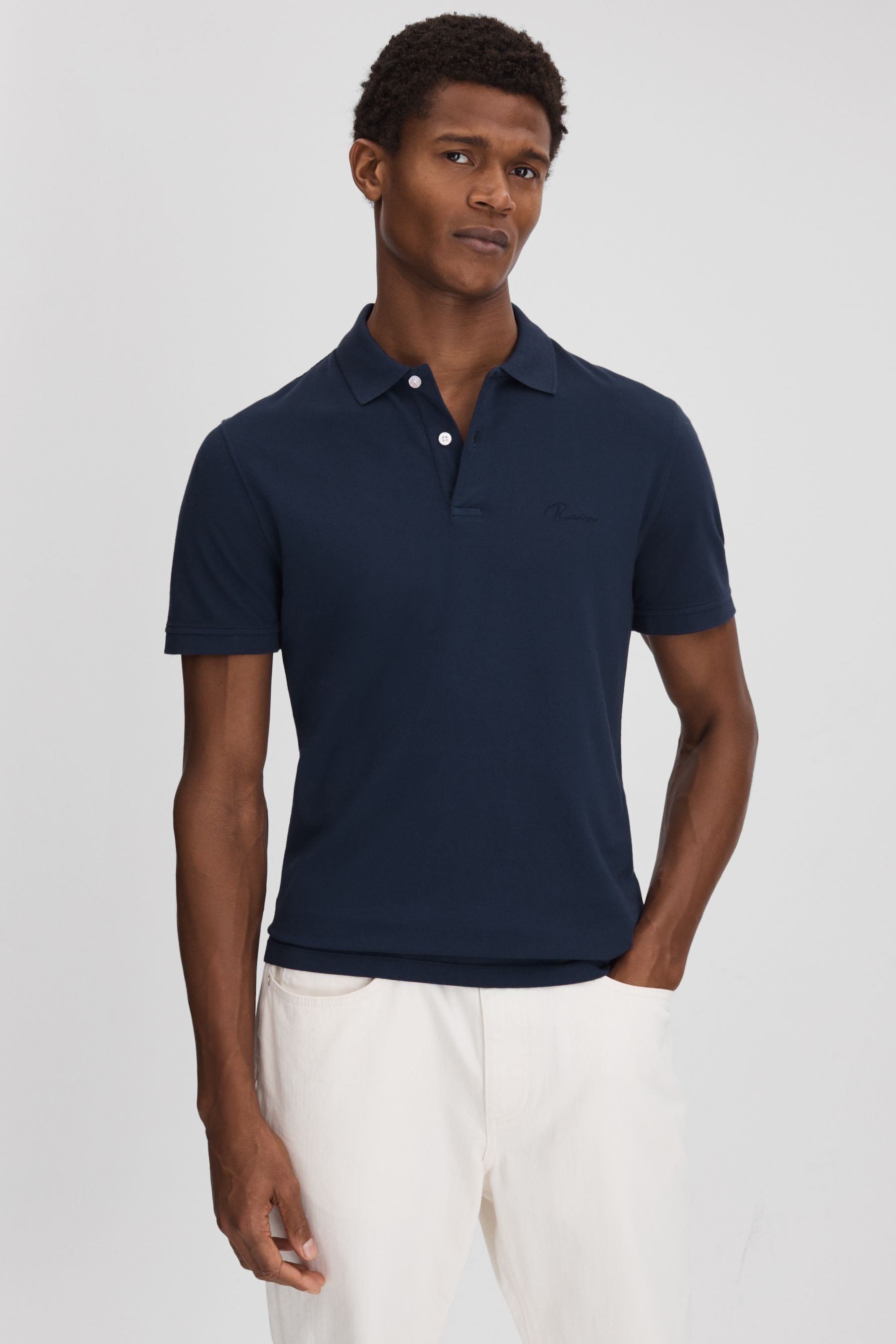 Reiss Airforce Blue Slim Fit Garment Dyed Embroidered Polo Shirt