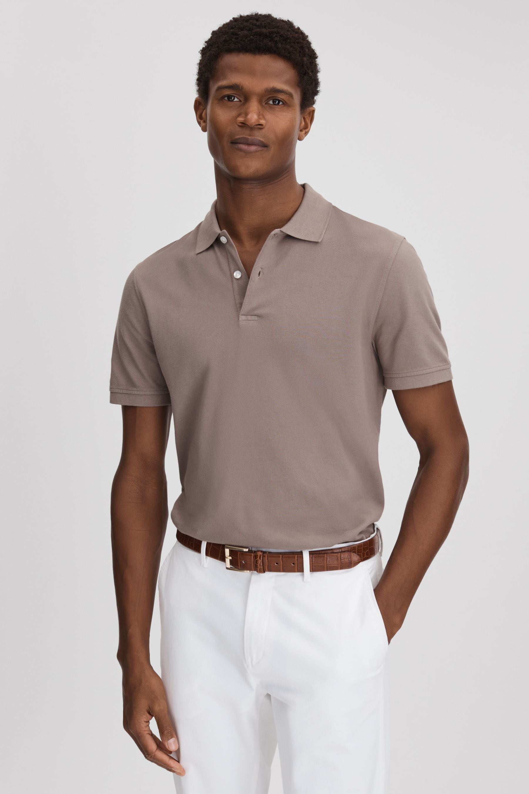 Reiss Puro - Dark Taupe Garment Dyed Cotton Polo Shirt, M
