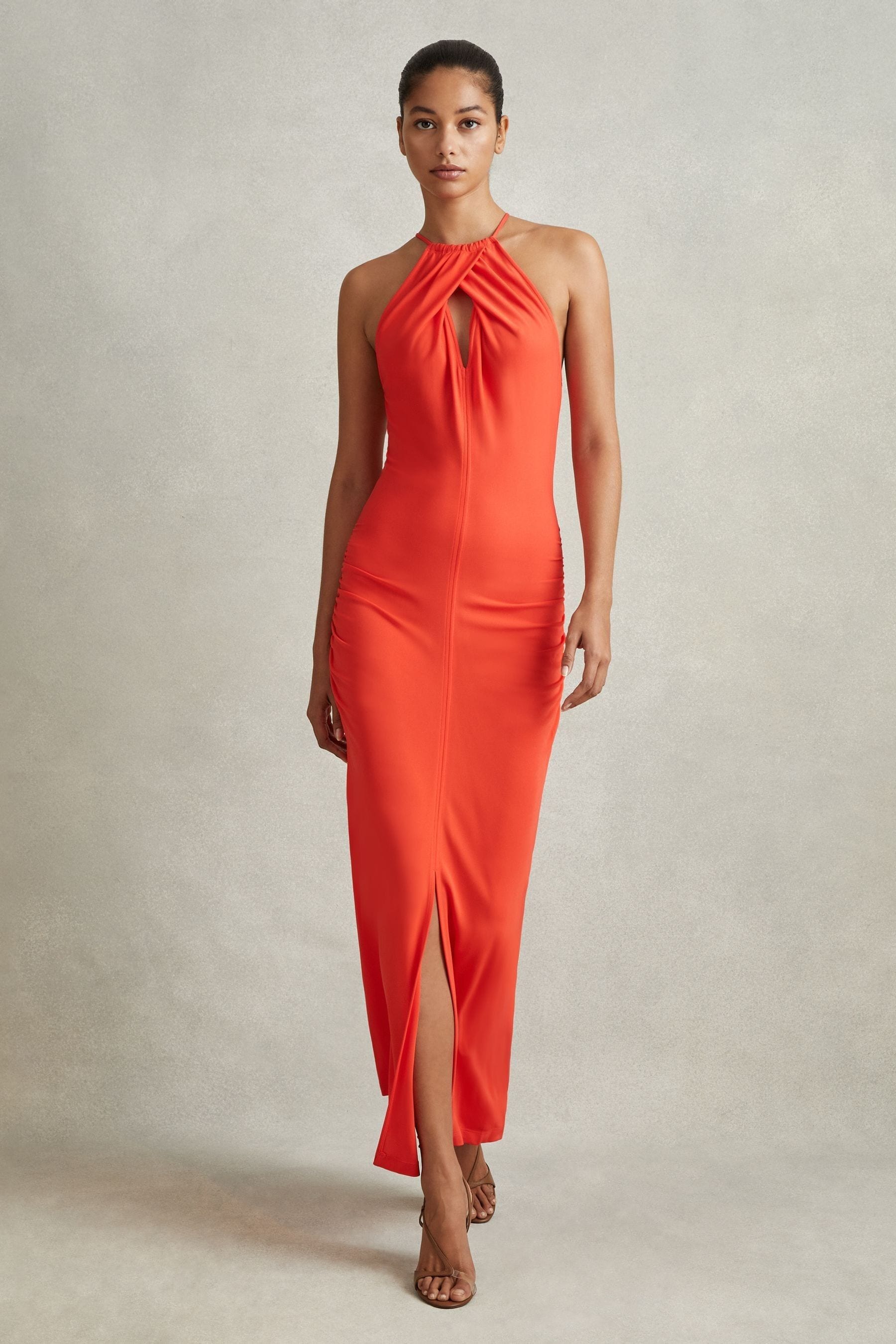 Shop Reiss Kia - Orange Jersey Halter Neck Midi Dress, Us 10