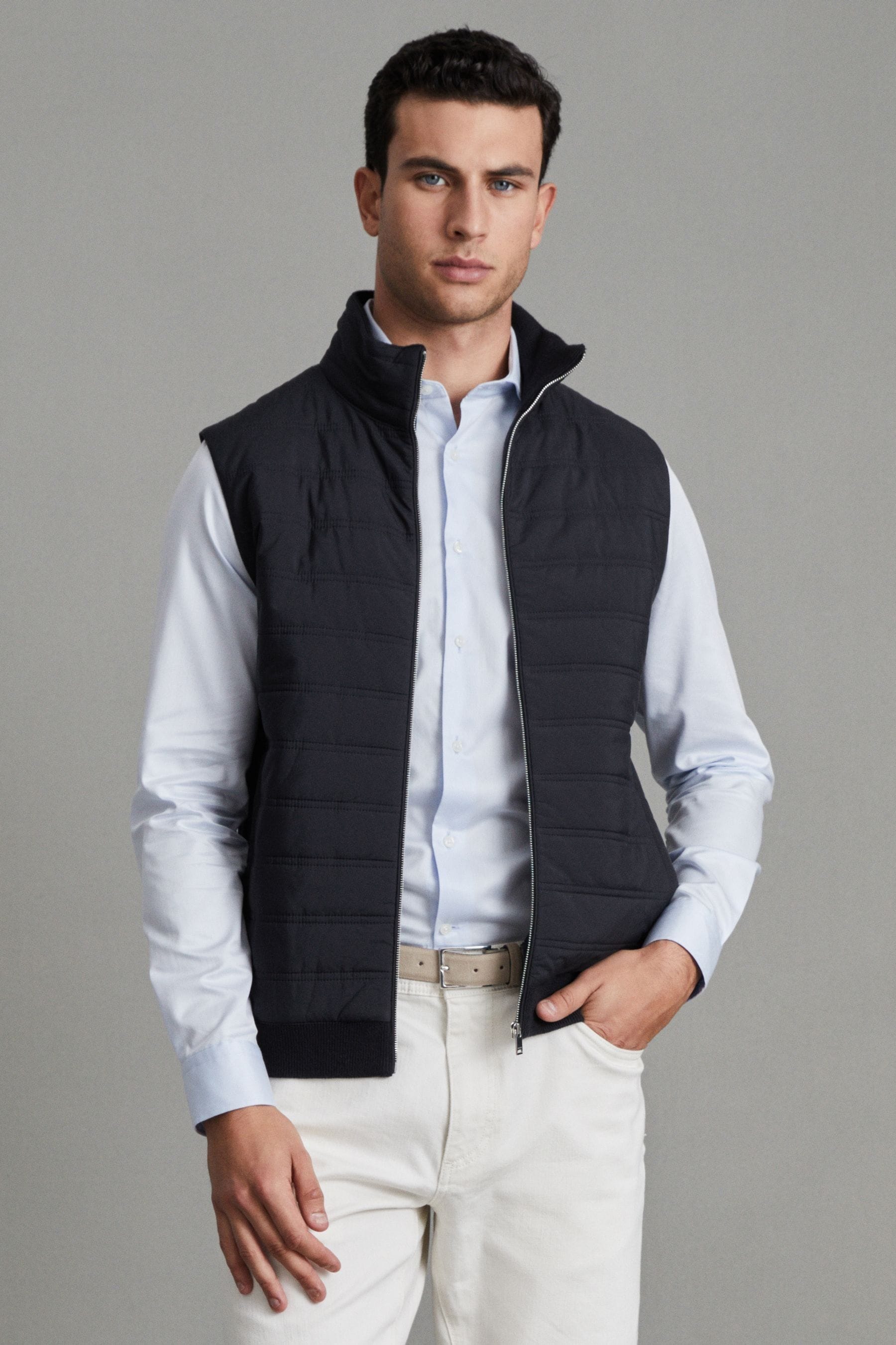 Reiss Mens Navy High-collar Quilted Woven Gilet