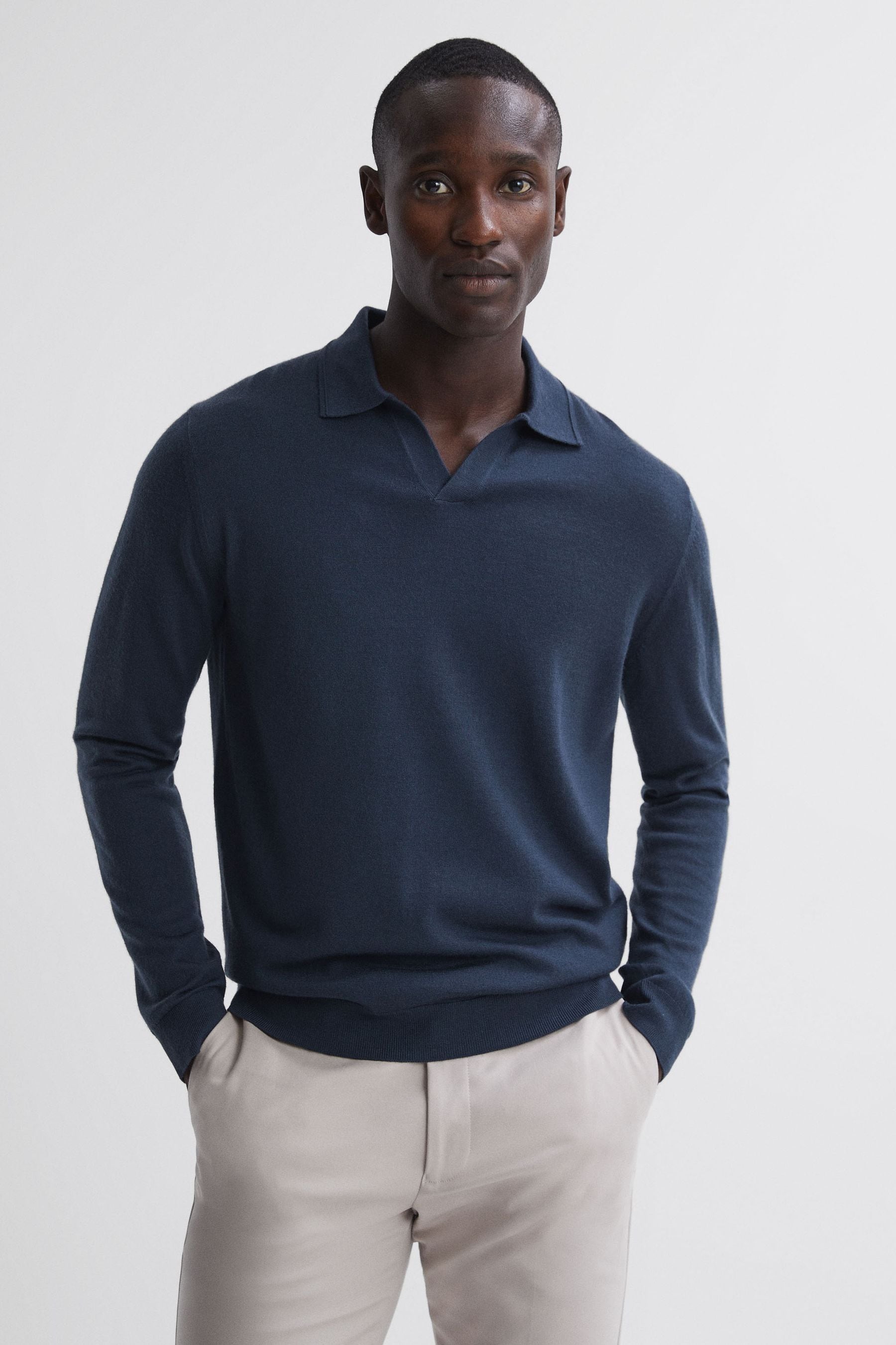Milburn - Eclipse Blue Merino Wool Open Collar Polo Shirt
