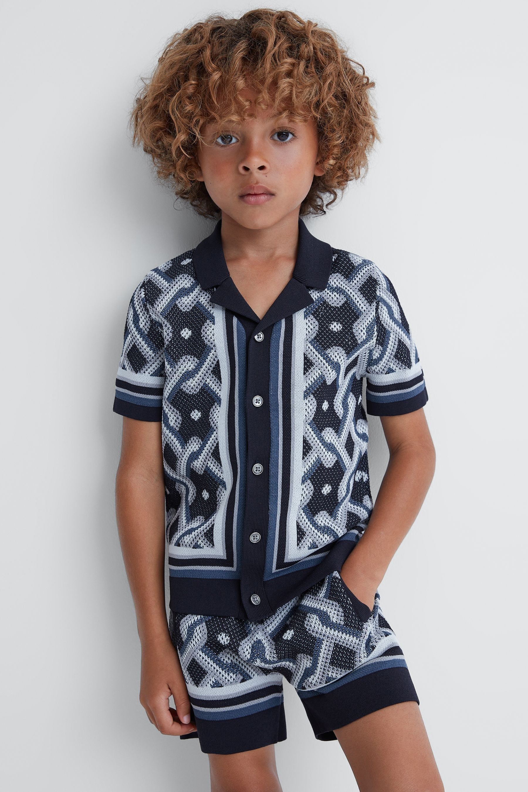 Shop Reiss Hyde - Navy Multi Knitted Cuban Collar Button-through Shirt, Uk 13-14 Yrs