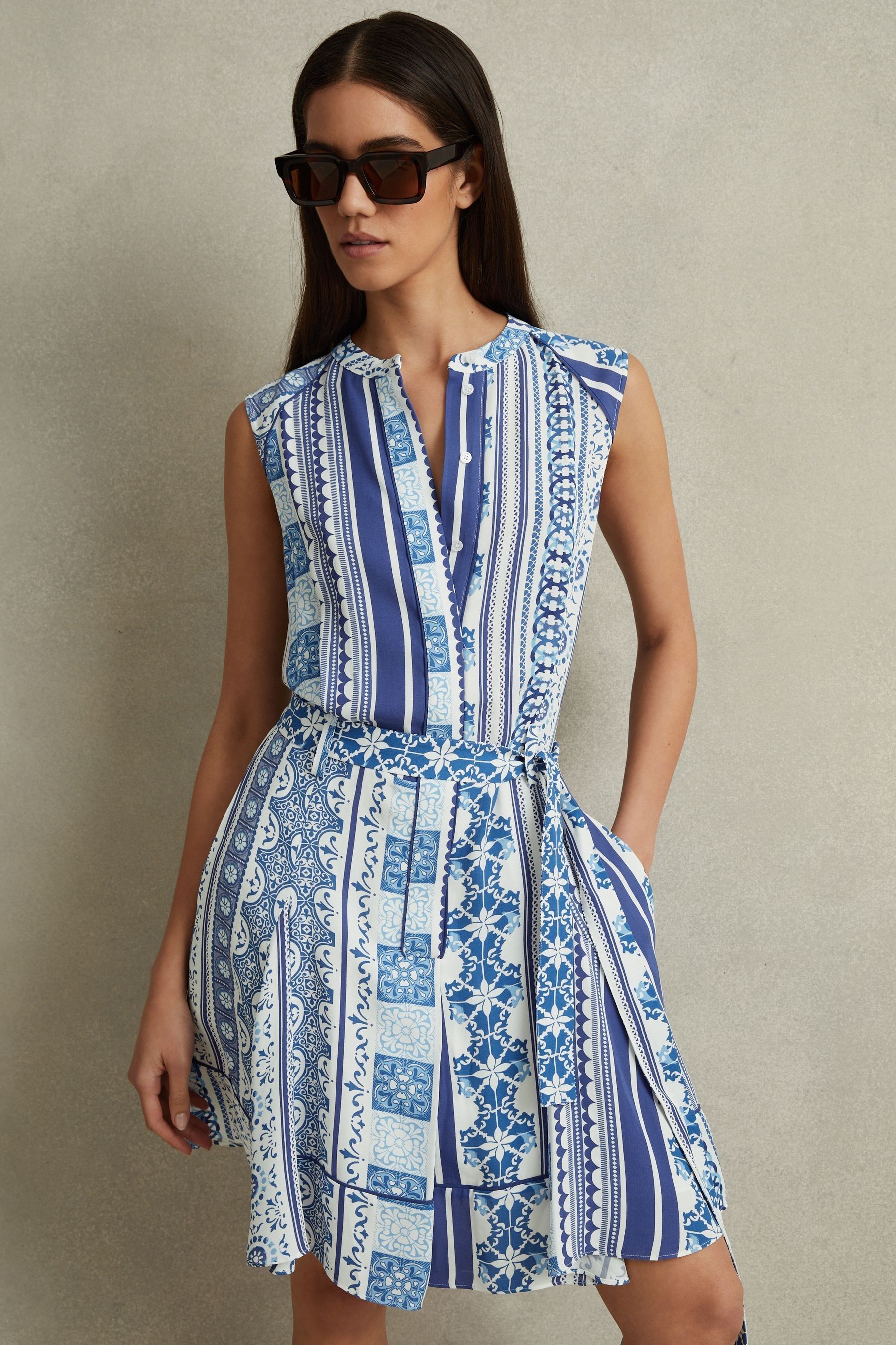 Shop Reiss Florence - Blue Tile Print Belted Mini Dress, Us 0