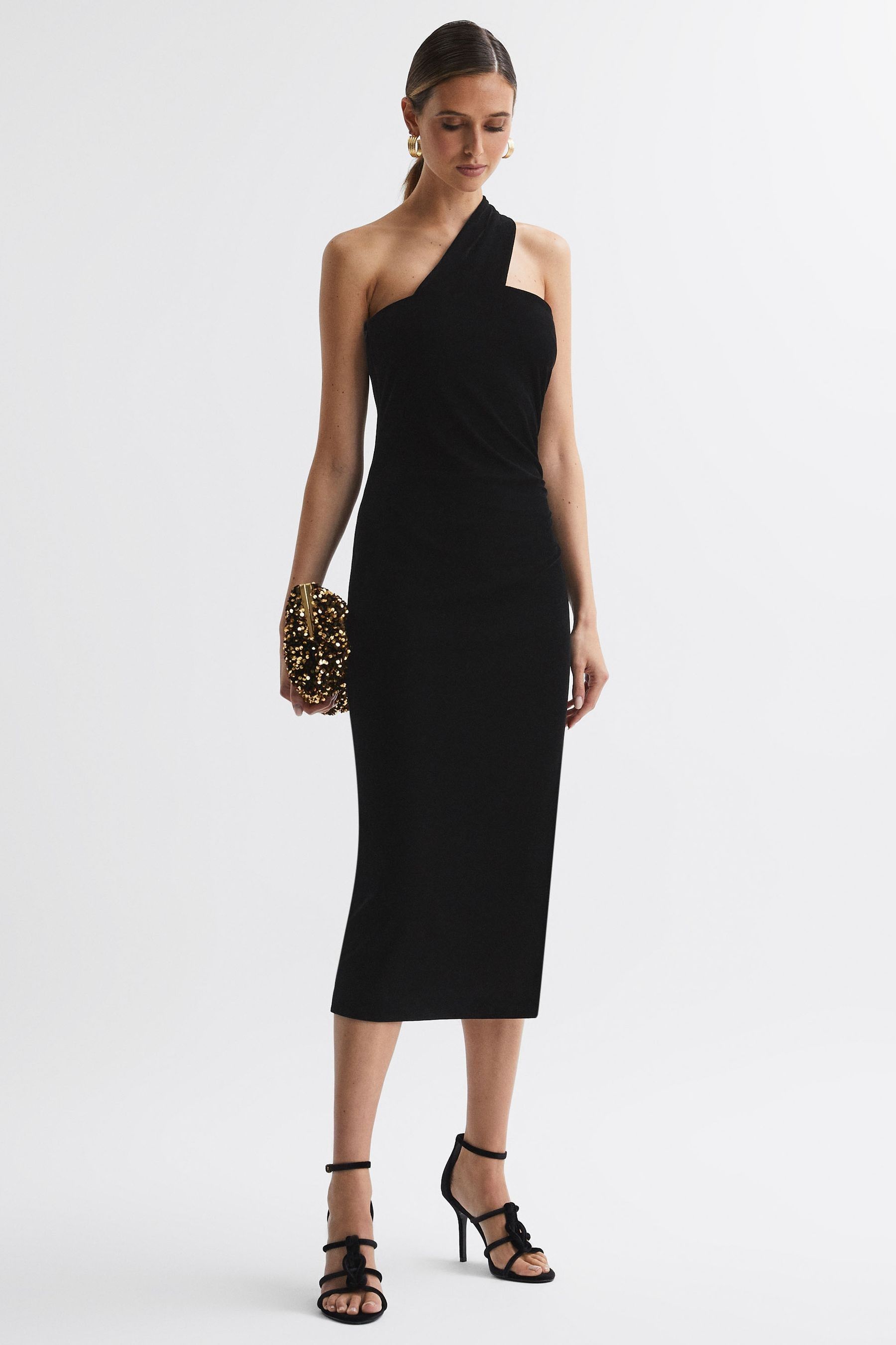 Shop Reiss Abbey - Black Velvet One-shoulder Midi Dress, Us 0