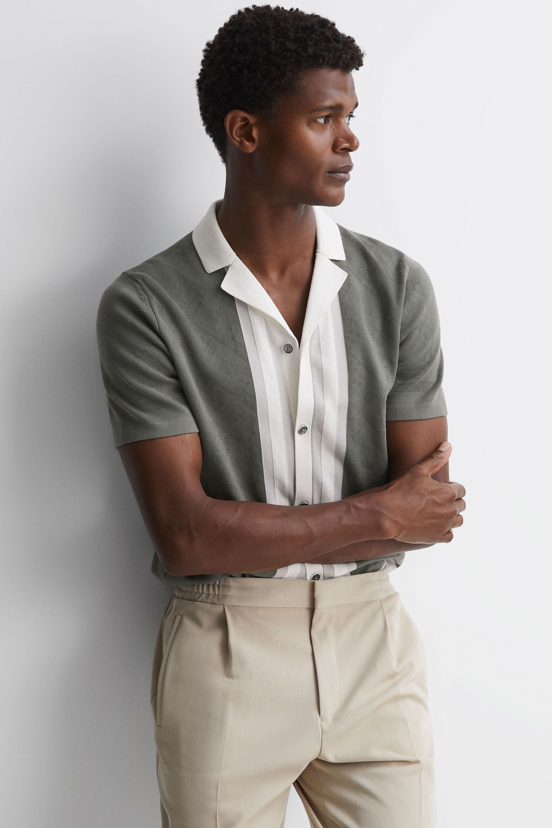 Shop Reiss Durban - Sage Cotton Knitted Cuban Collar Shirt, Xl