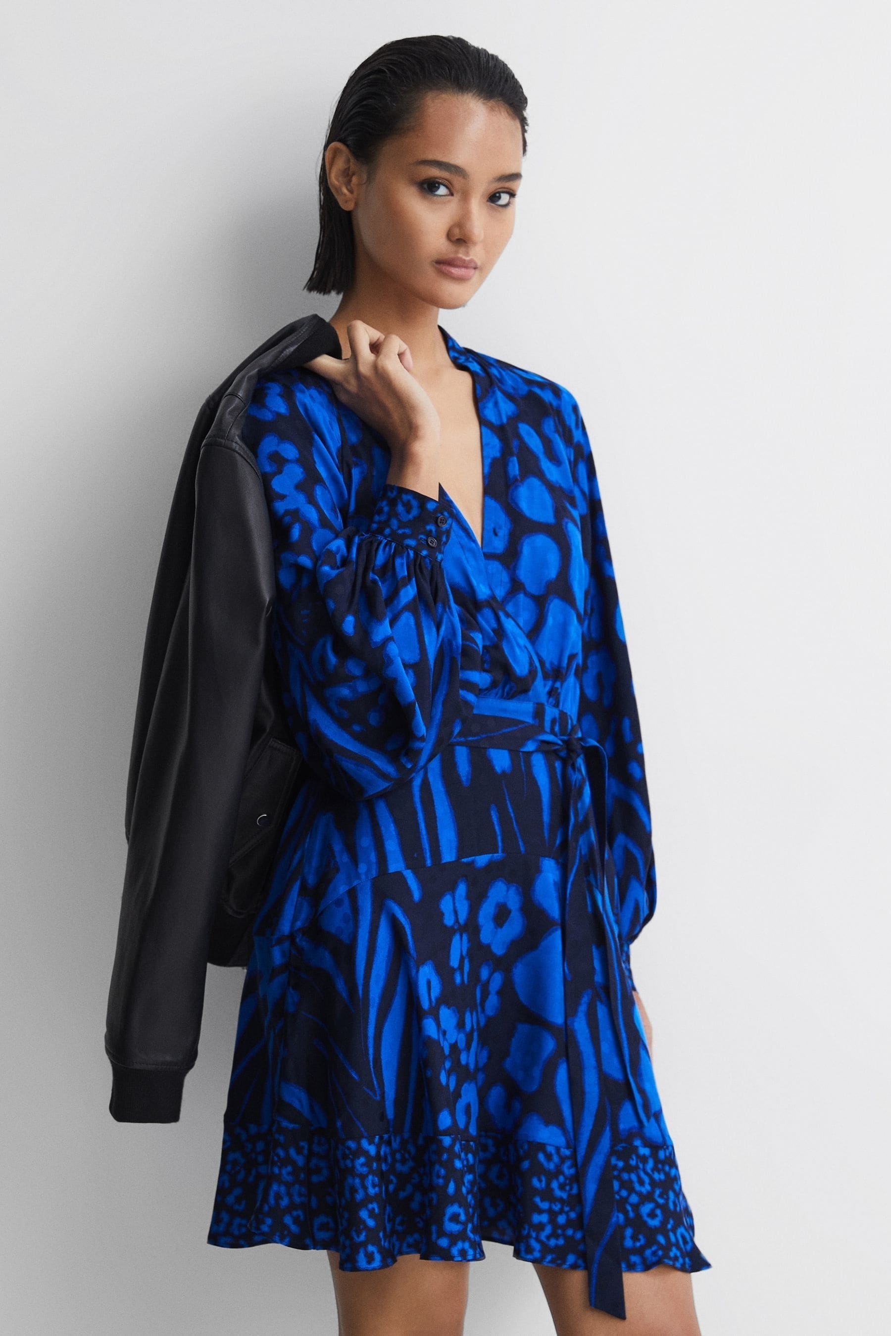 Reiss Kerri - Blue/navy Printed Blouson Sleeve Dress, Us 2