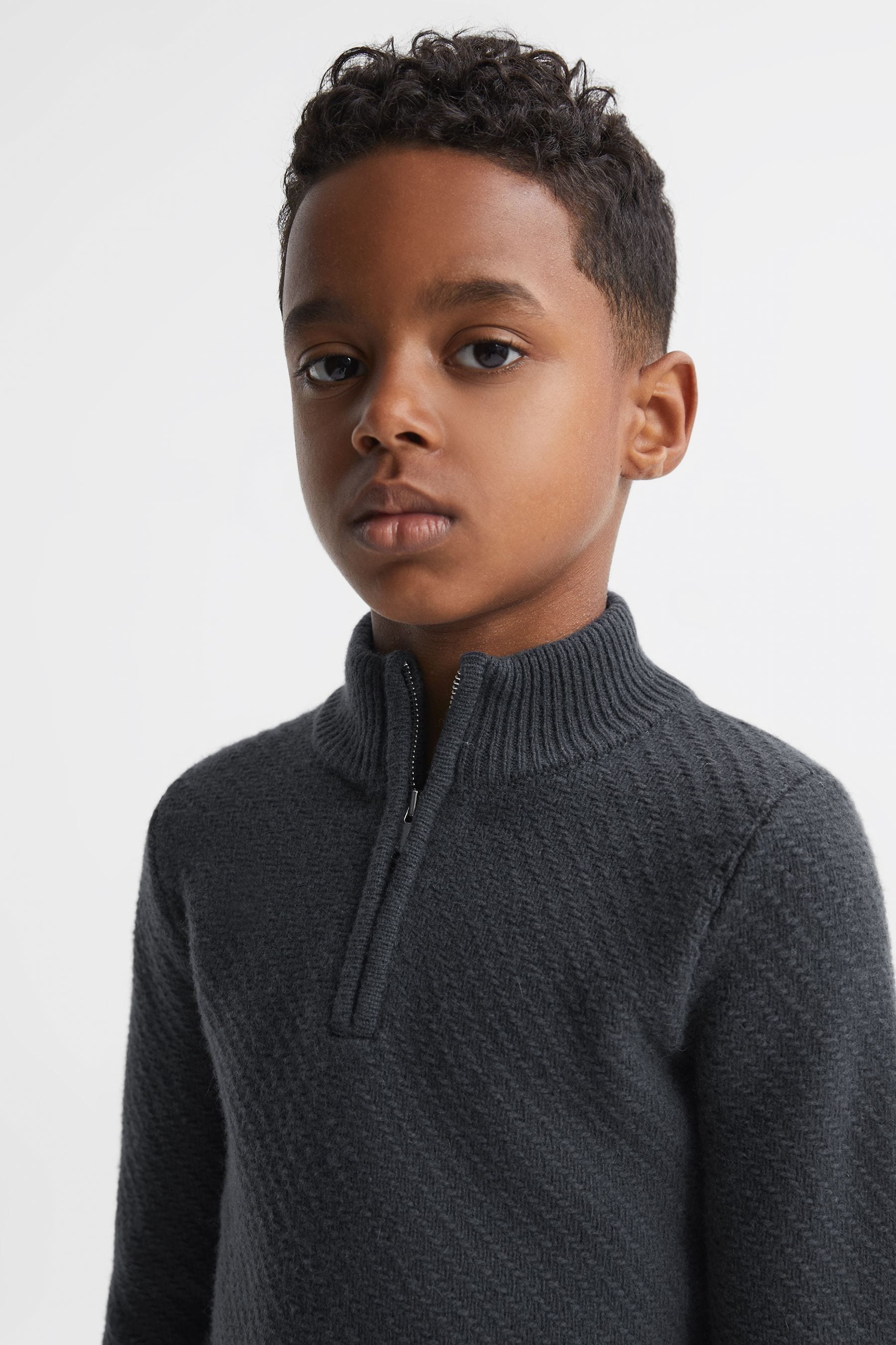 Reiss Kids' Tempo - Anthracite Grey Junior Slim Fit Knitted Half-zip Funnel Neck Jumper, Age 6-7 Years