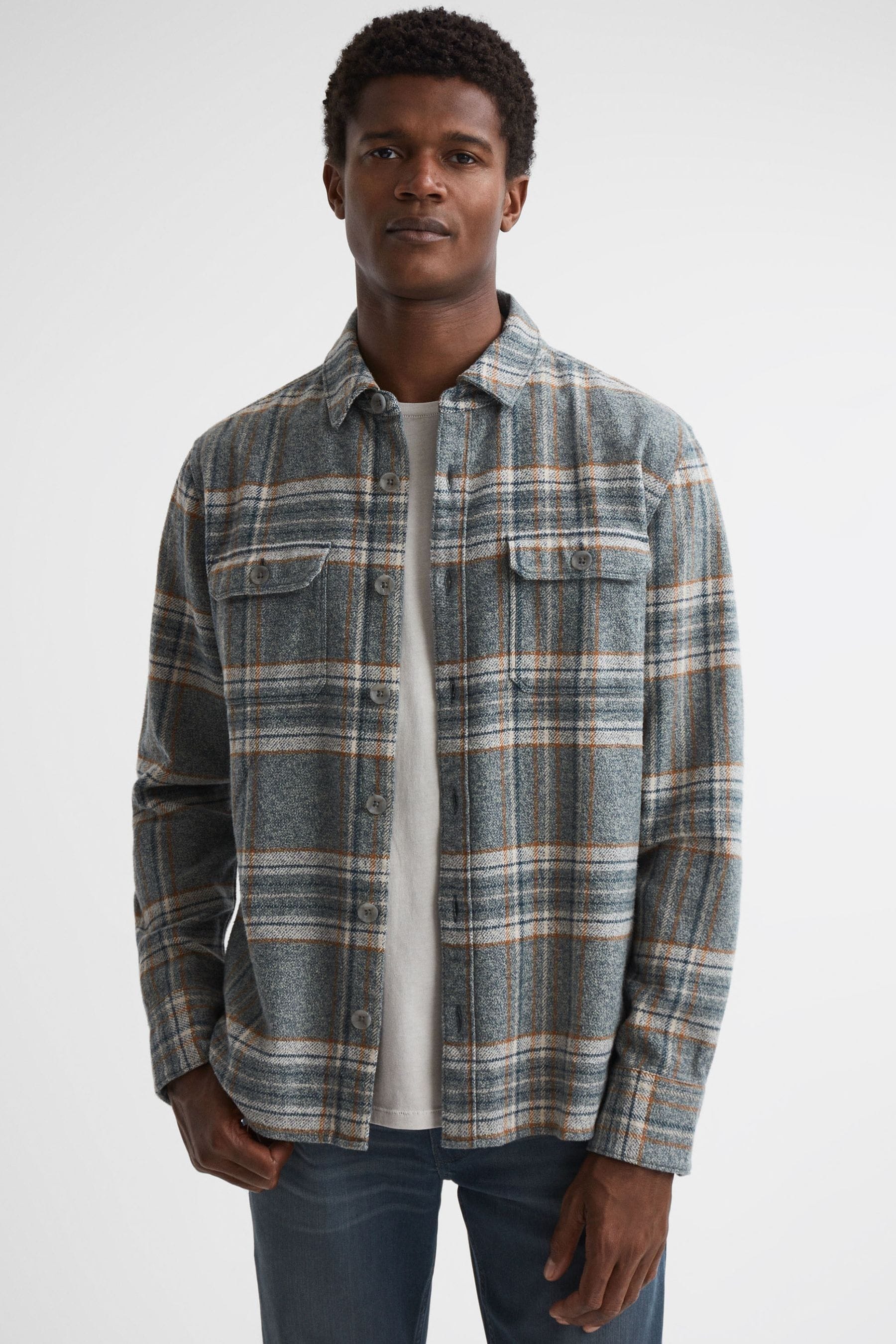 Paige Cotton Checked Twin Pocket Overshirt In Smoked Sage
