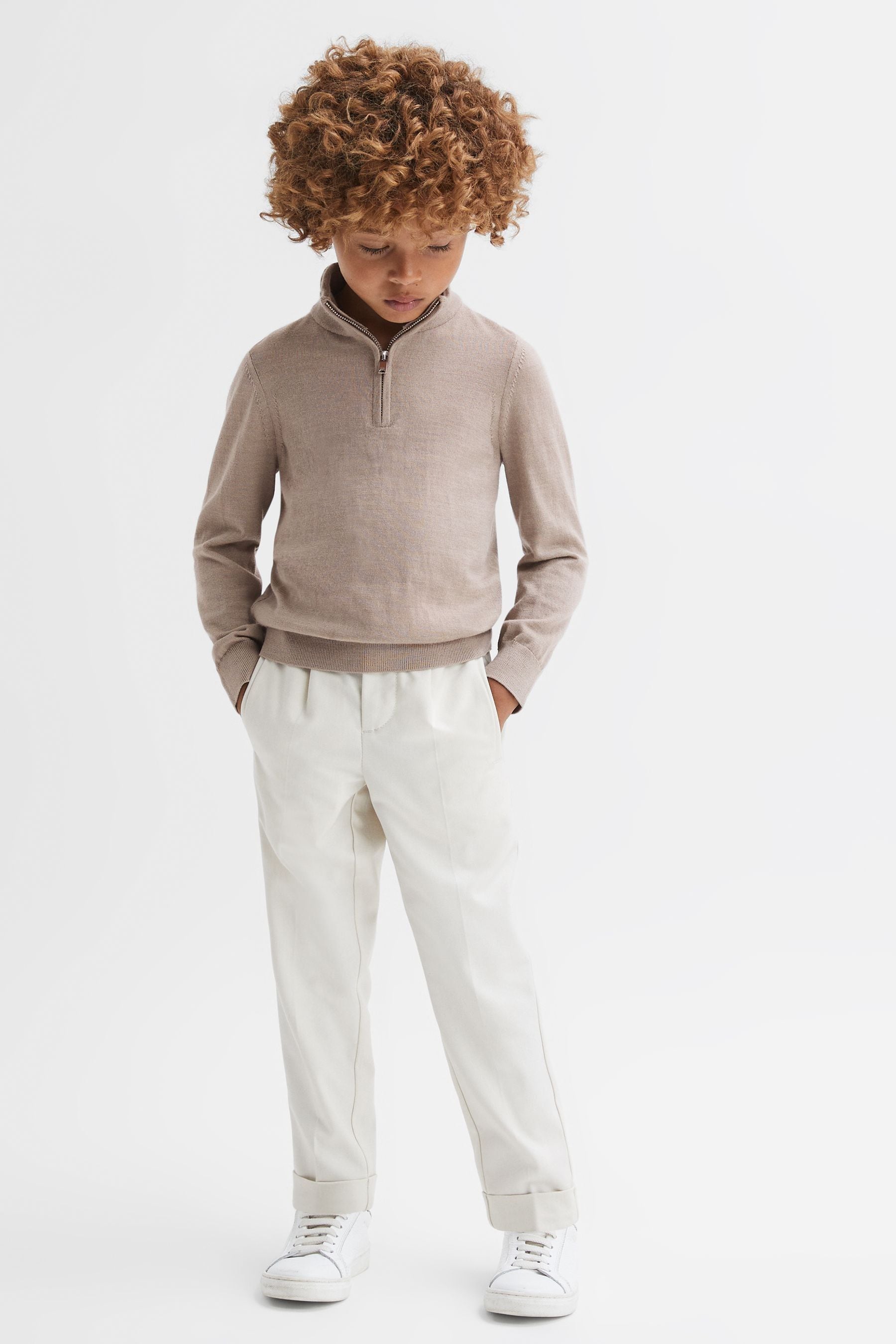 REISS BLACKHALL - MINK MERINO WOOL ZIP NECK JUMPER, UK 11-12 YRS