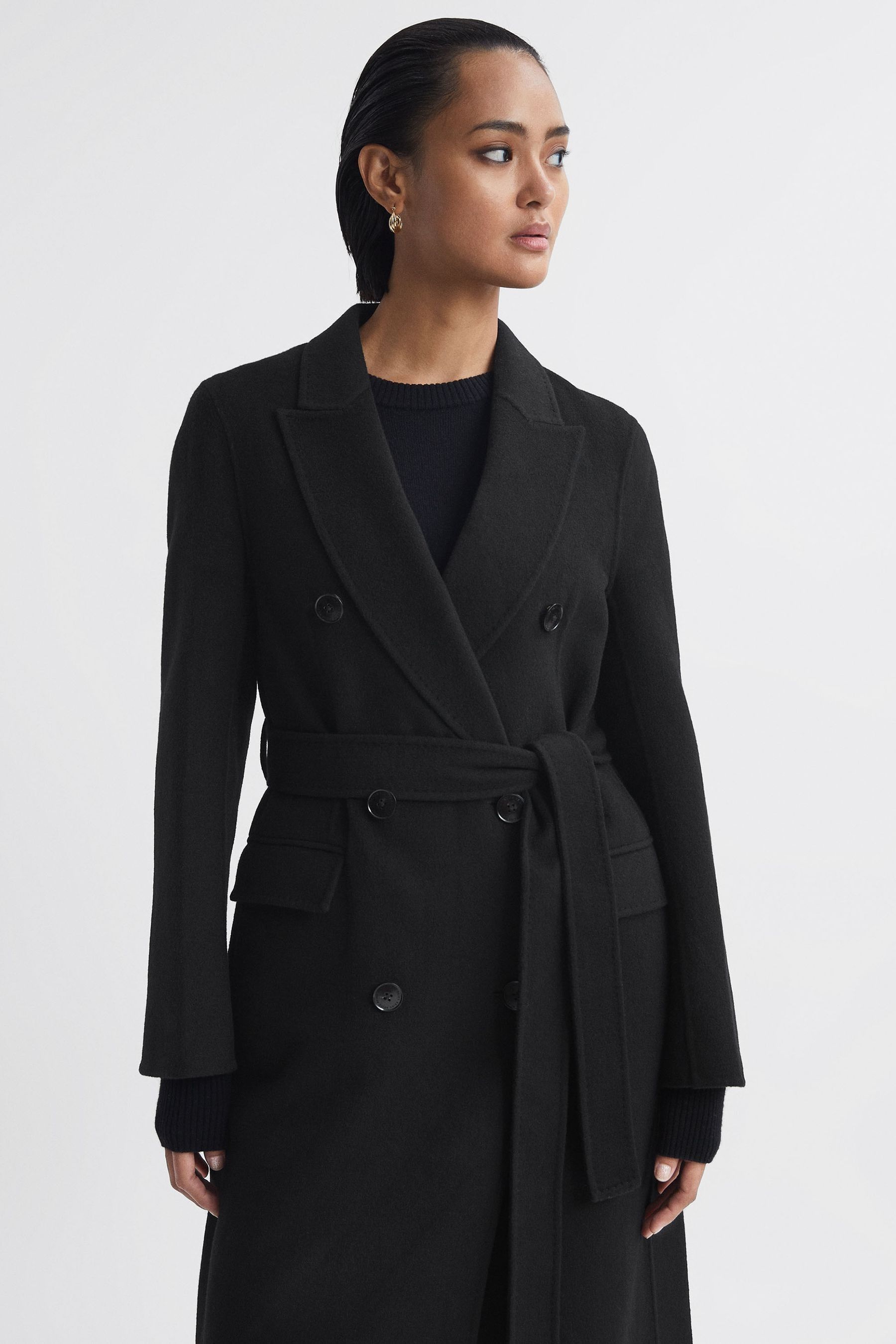Reiss Arla - Black Petite Relaxed Wool Blend Blindseam Belted Coat, Us 10
