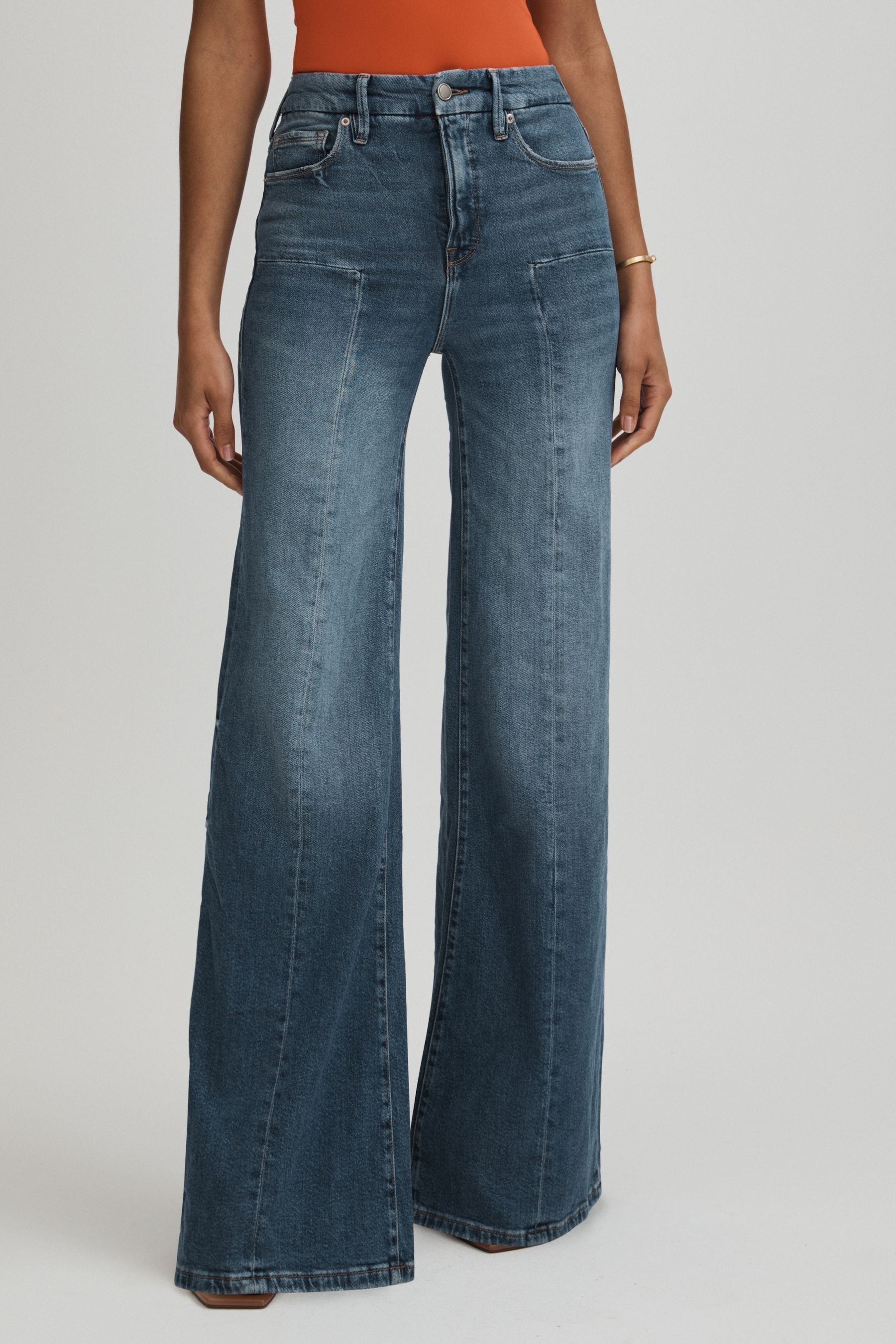 Good American Blue High Rise Distressed Palazzo Jeans, 29