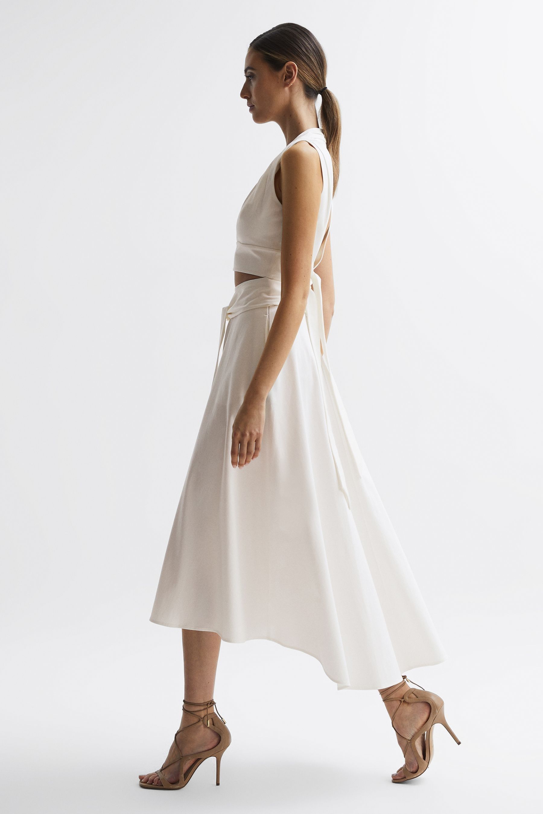 Reiss Womens White Rebecca Asymmetric-hem Stretch-cotton Midi Skirt
