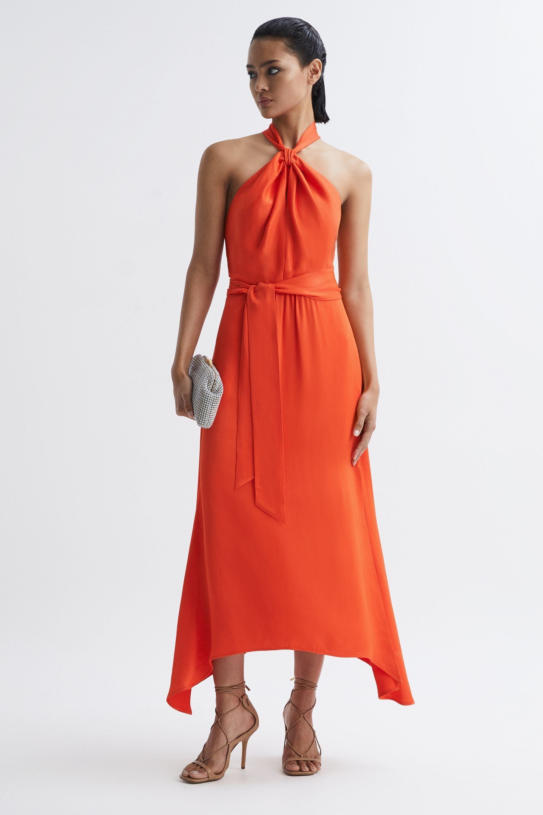 Reiss Womens Orange Evelyn Halter-neck Asymmetric-hem Woven Midi Dress