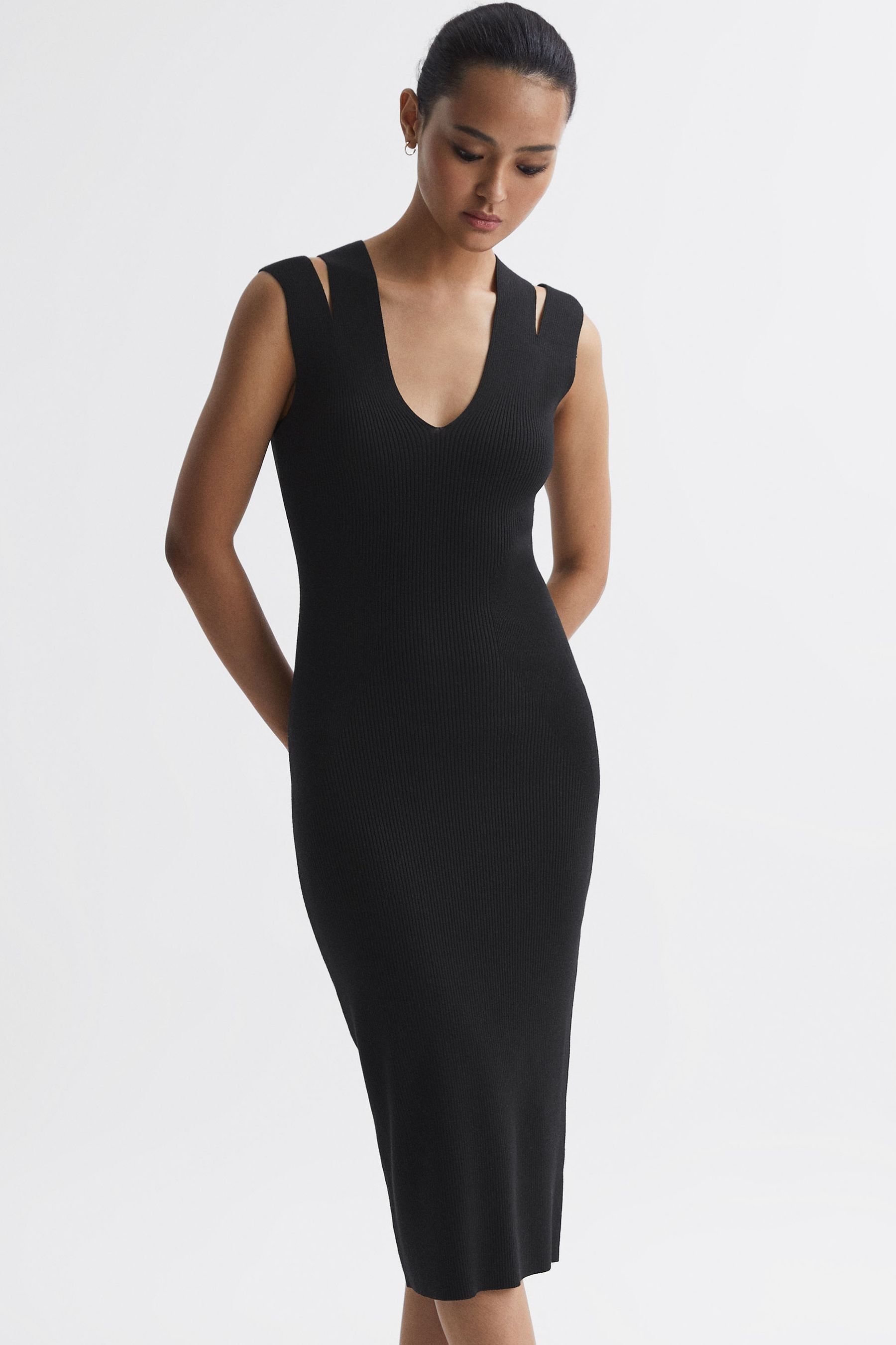 REISS KARA - BLACK KNITTED DOUBLE STRAP MIDI DRESS, M