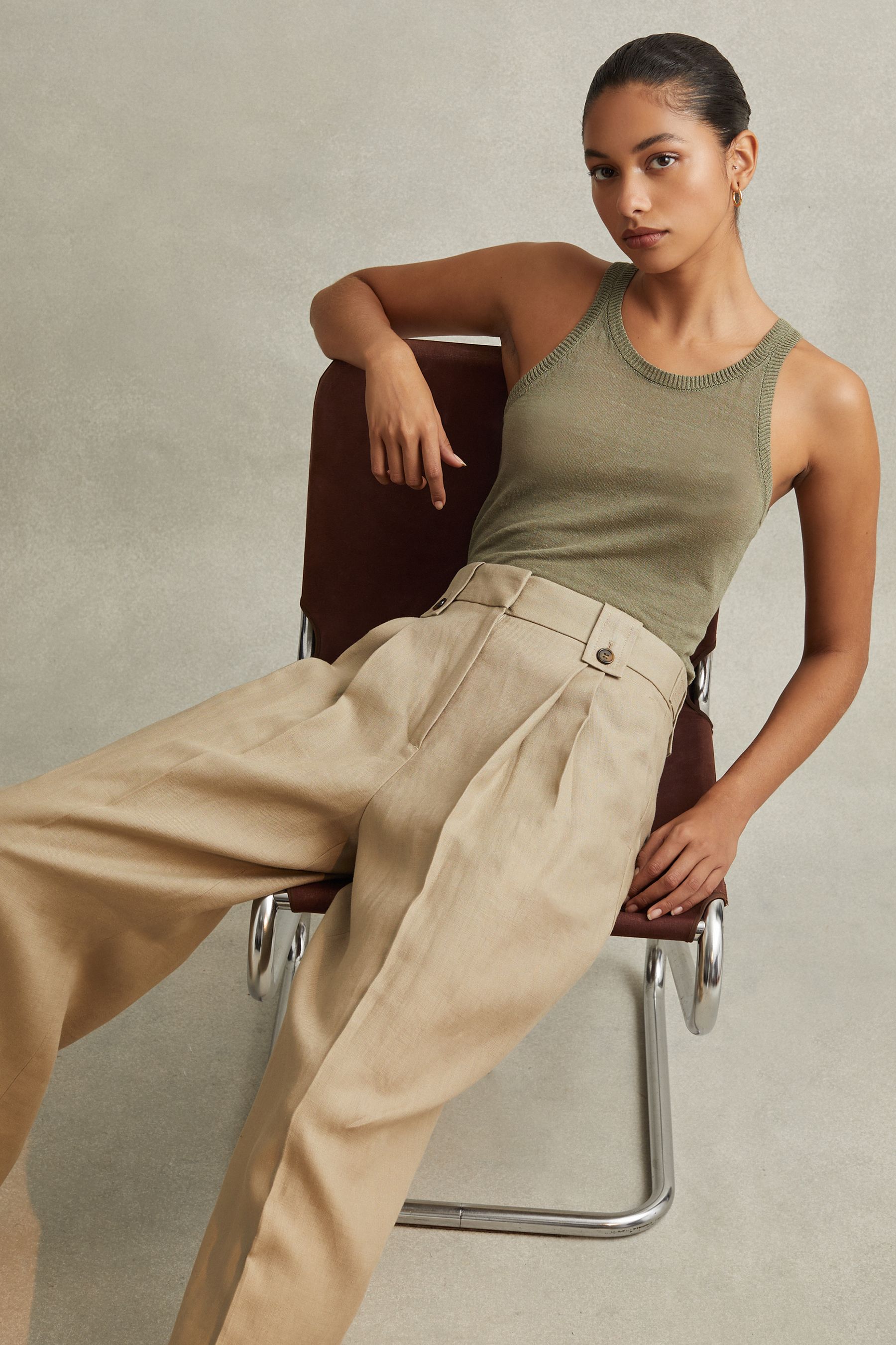 Reiss Leila - Light Khaki Petite Linen Front Pleat Trousers, Us 6