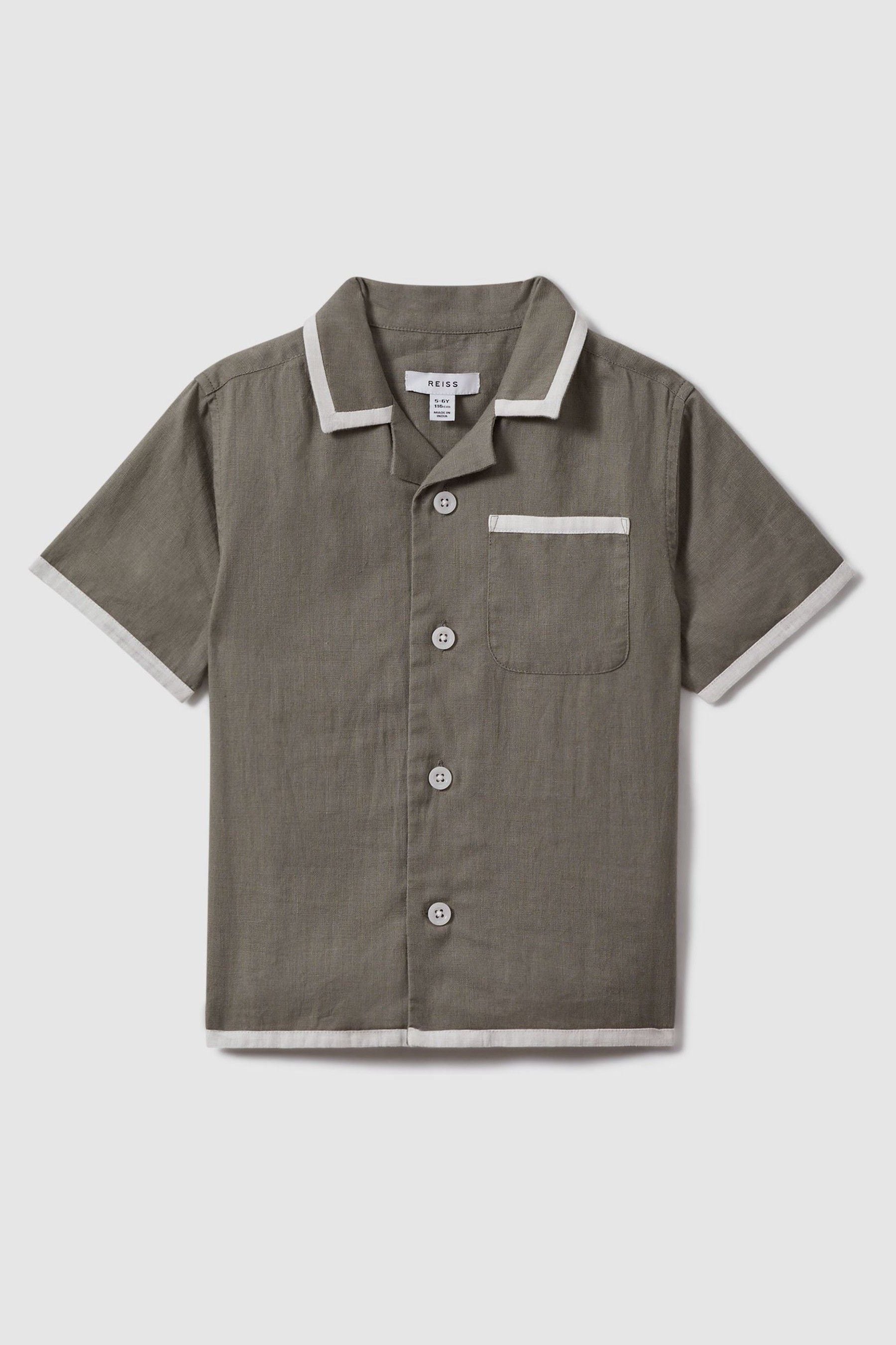 Shop Reiss Vitan - Khaki/white Linen Contrast Cuban Collar Shirt, Uk 13-14 Yrs