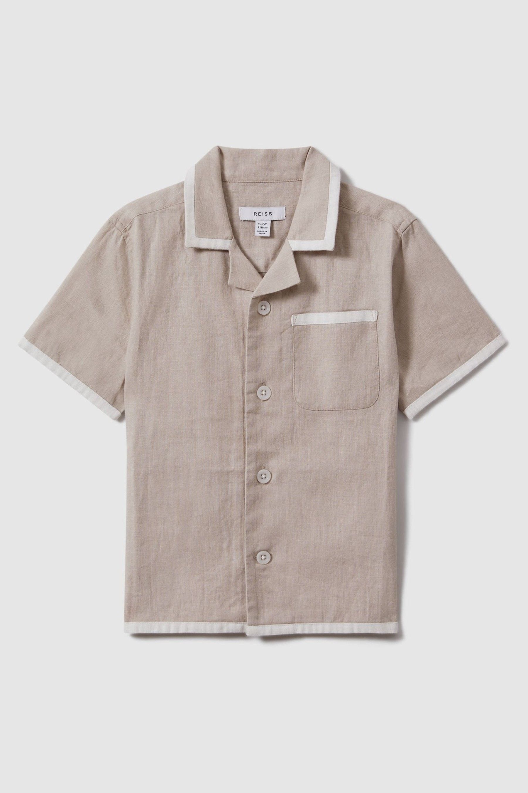 Shop Reiss Vitan - Stone/white Linen Contrast Cuban Collar Shirt, Uk 13-14 Yrs