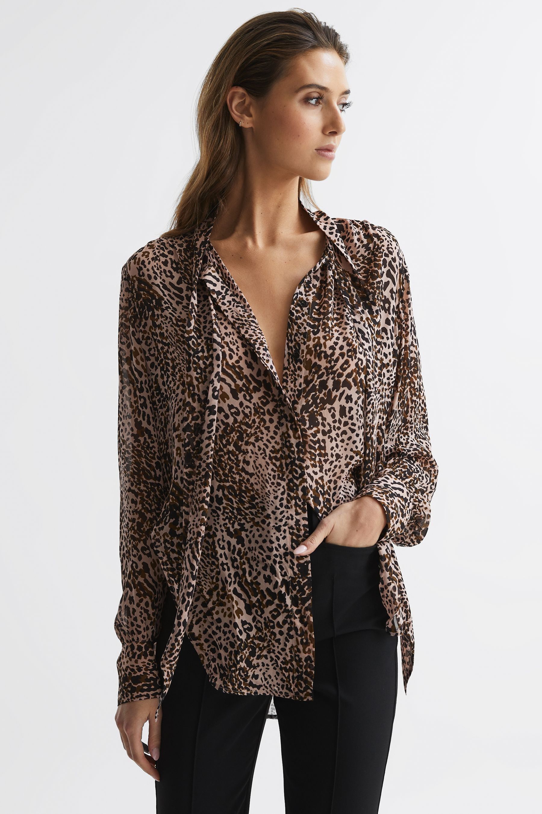 Reiss Brown Animal Print Neck Tie Blouse, 14