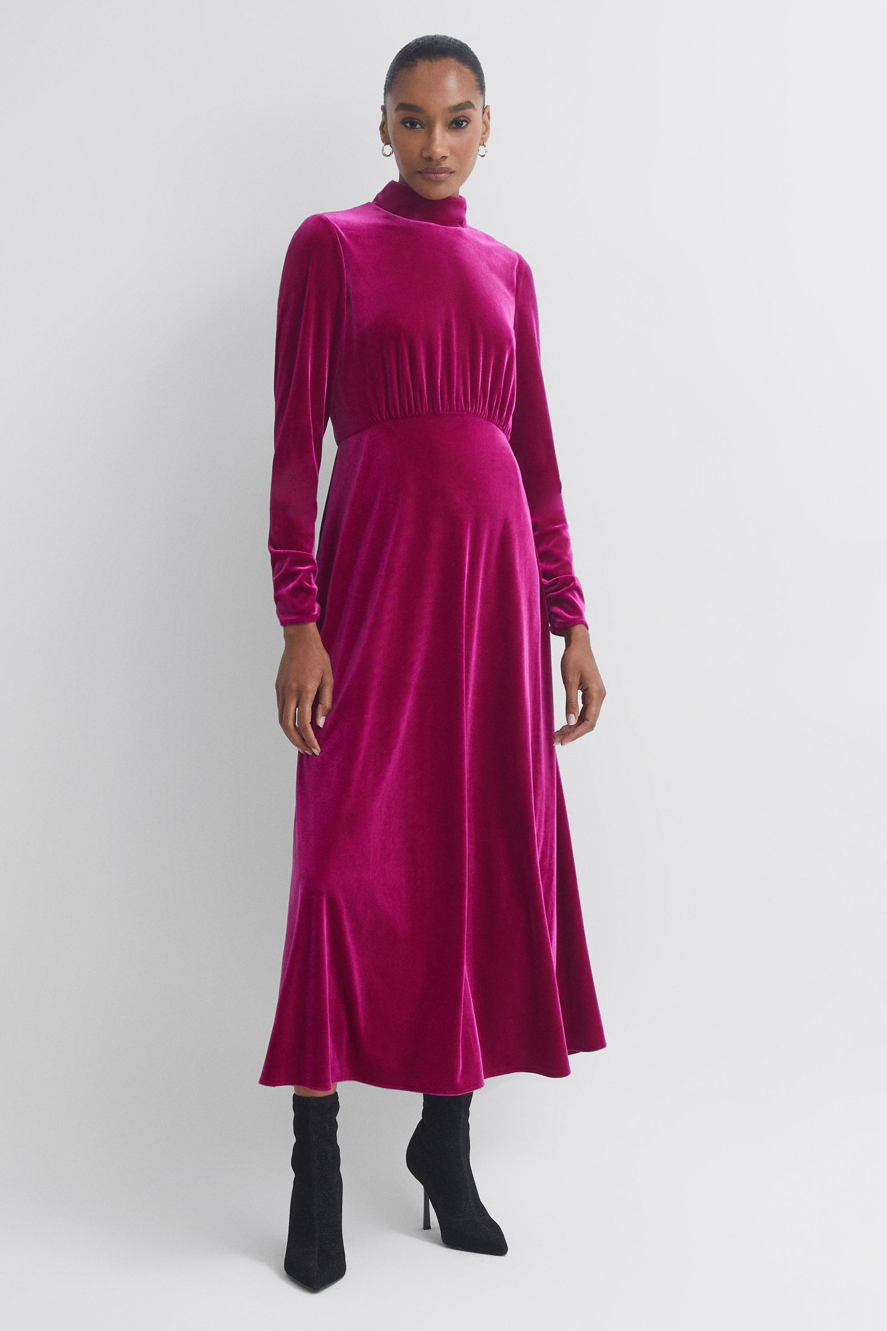 Florere Velvet Midi Dress In Bright Pink