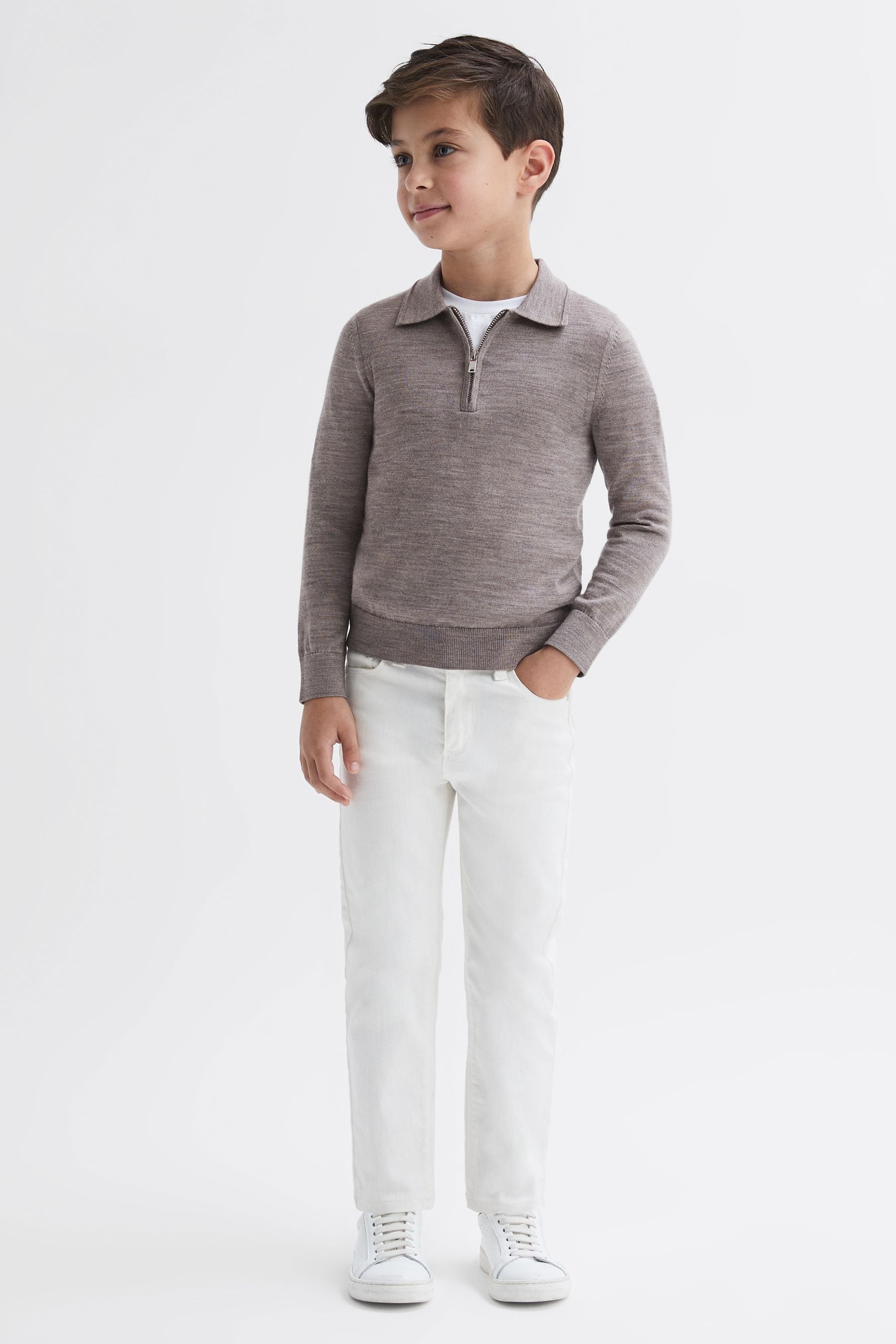 Reiss Kids' Robertson - Woodsmoke Junior Slim Fit Merino Wool Polo Shirt, 4 - 5 Years