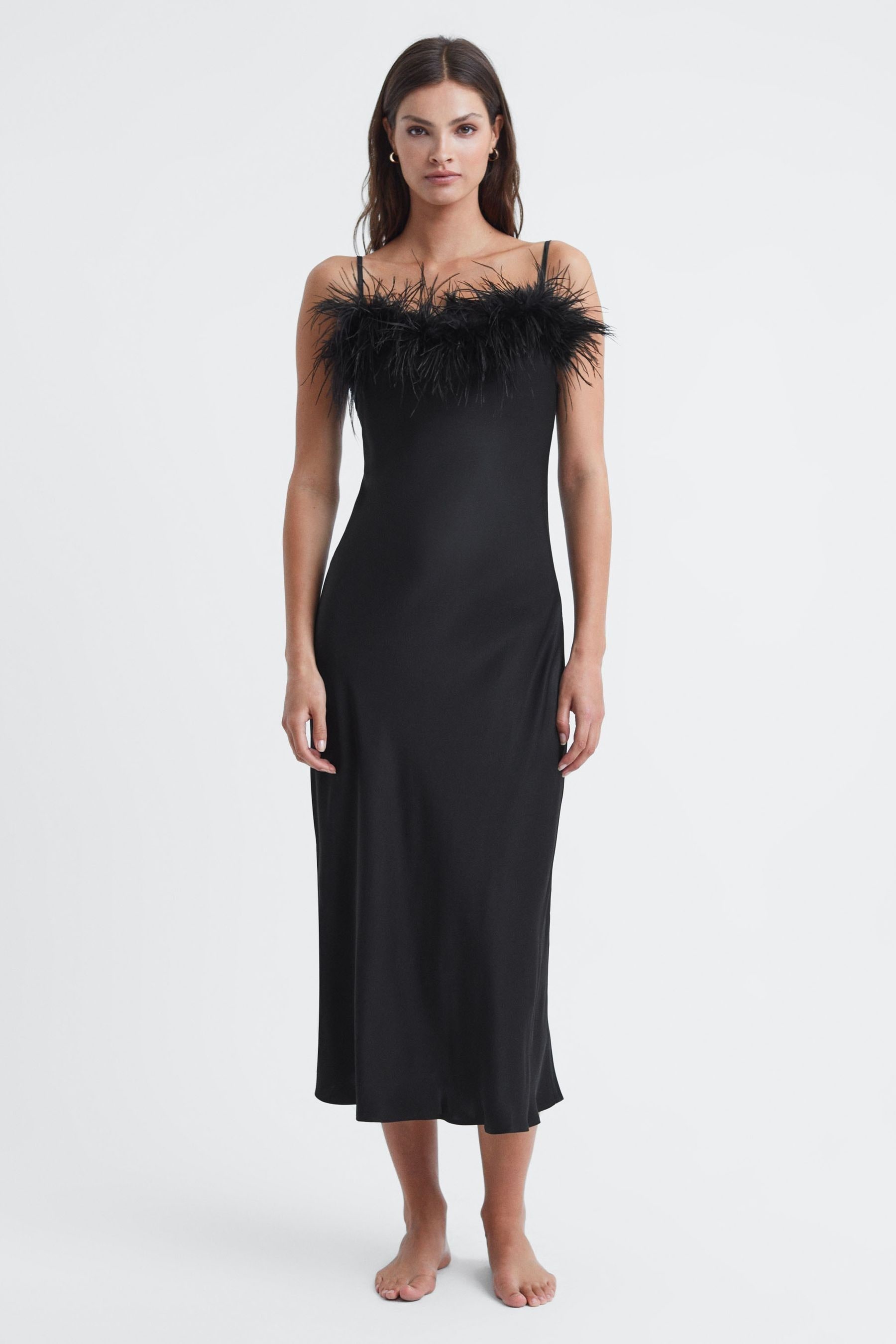 Shop Sleeper Feather Midi Slip Dress In Black