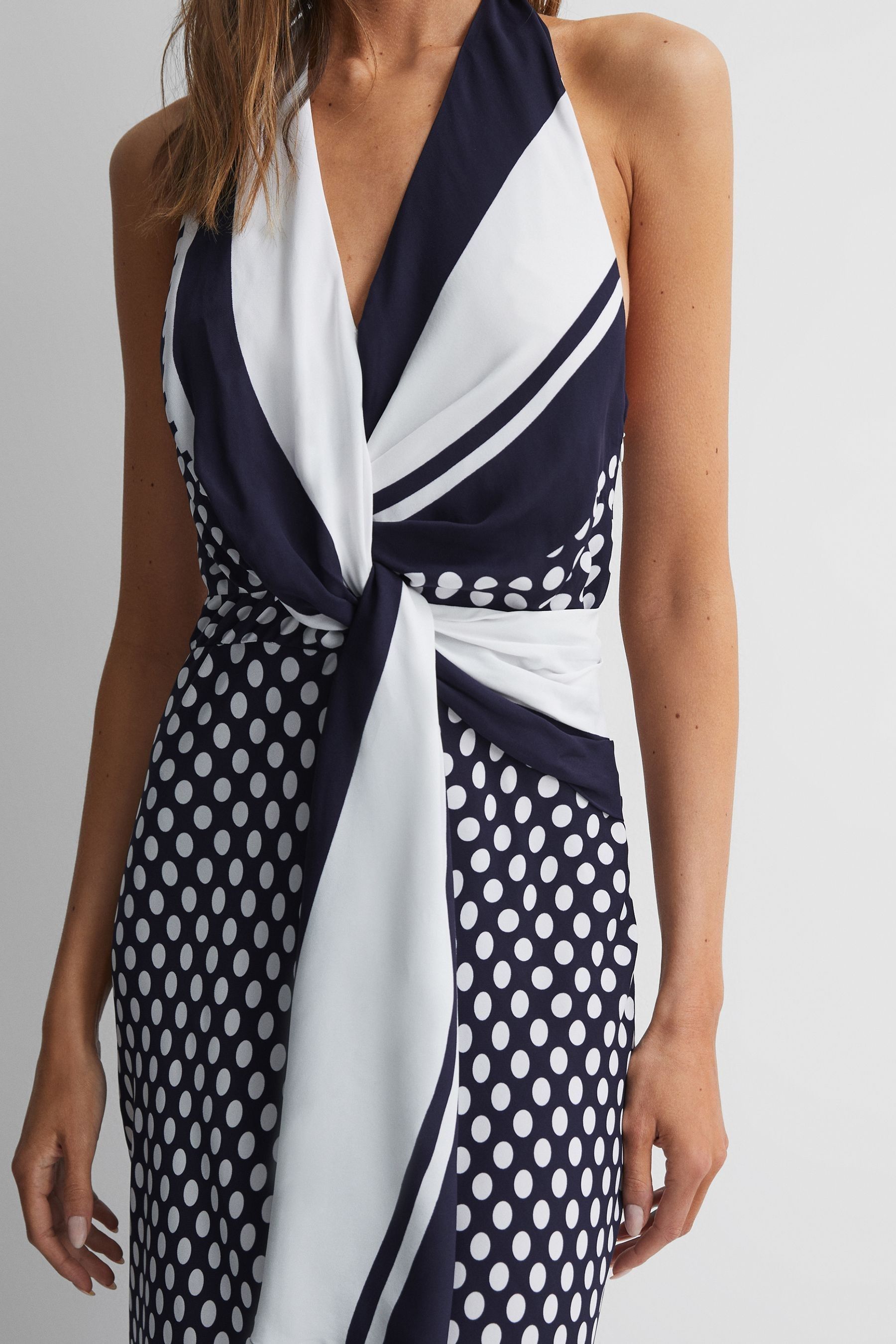 Reiss Navy/White Striped Polka Dot Halter Maxi Dress, 8
