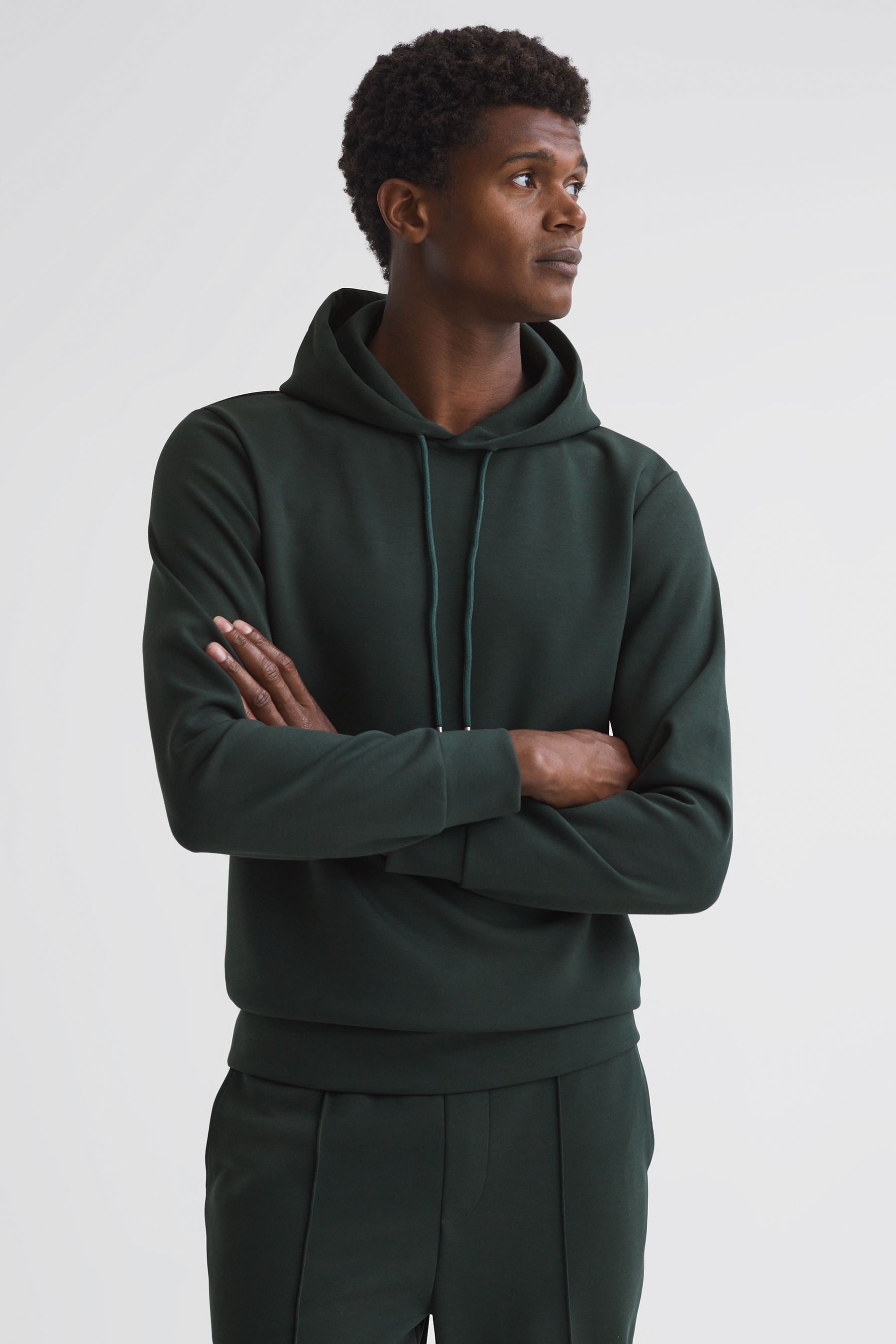 Reiss Fabien - Emerald Plain Interlock Jersey Drawstring Hoodie, M