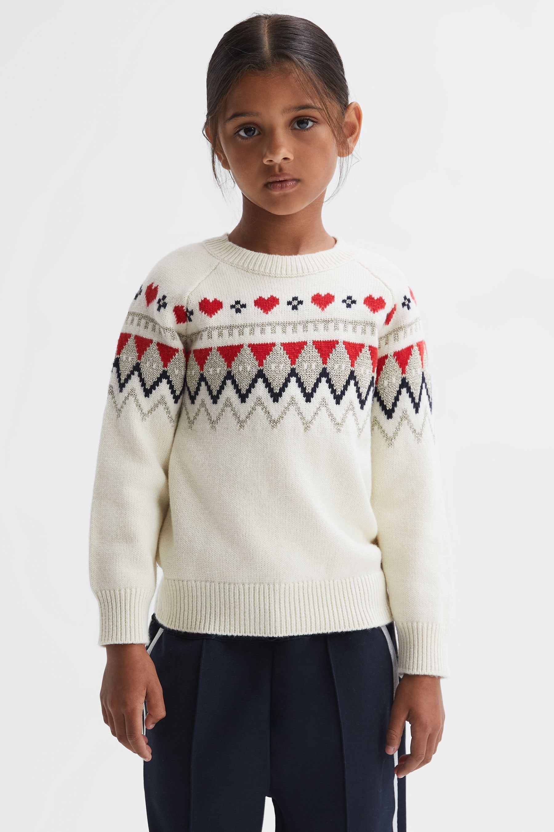 Reiss Charlotte - Ivory Junior Relaxed Wool-cotton Argyle Jumper, Age 6-7 Years