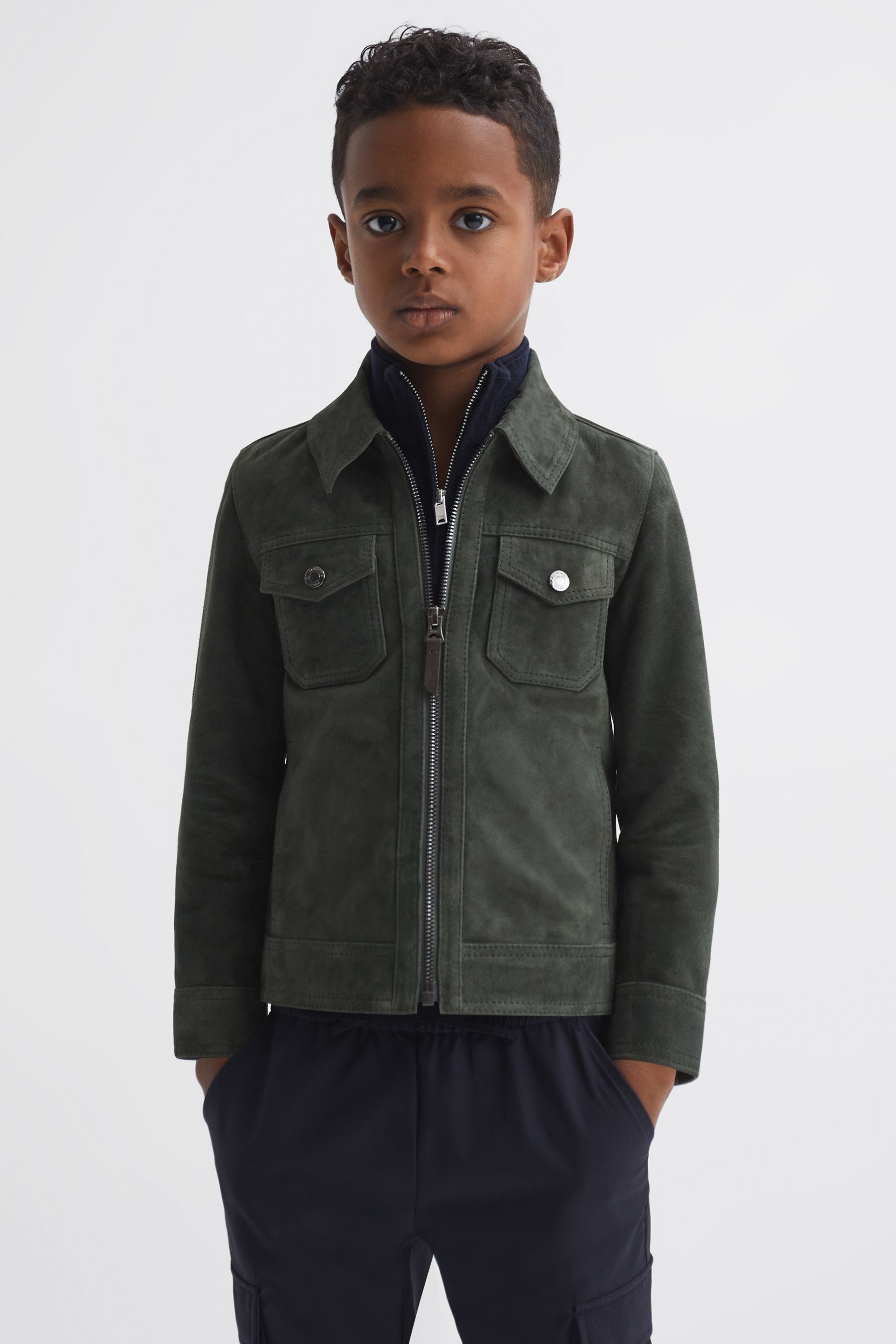 Reiss Kids' Pike - Forest Green Junior Suede Zip Through Jacket, Age 5-6 Years