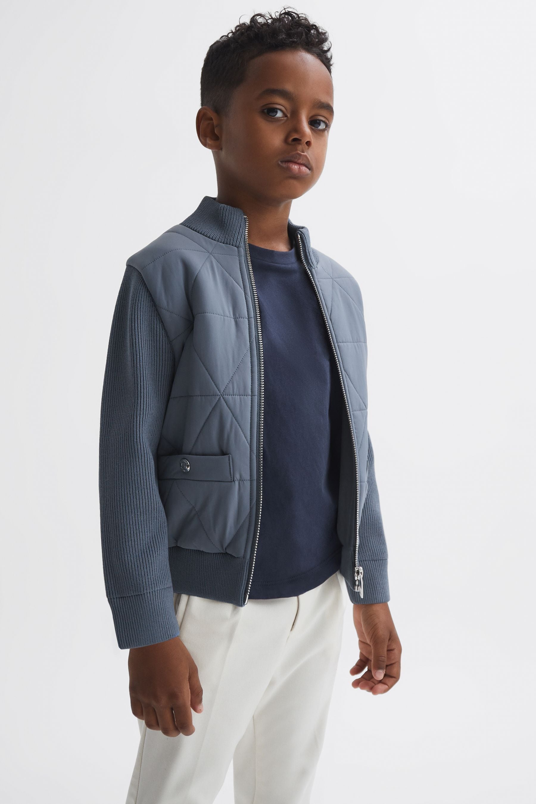 Reiss Amos - Airforce Blue Junior Hybrid Zip-through Quilted Jacket, Age 3-4 Years