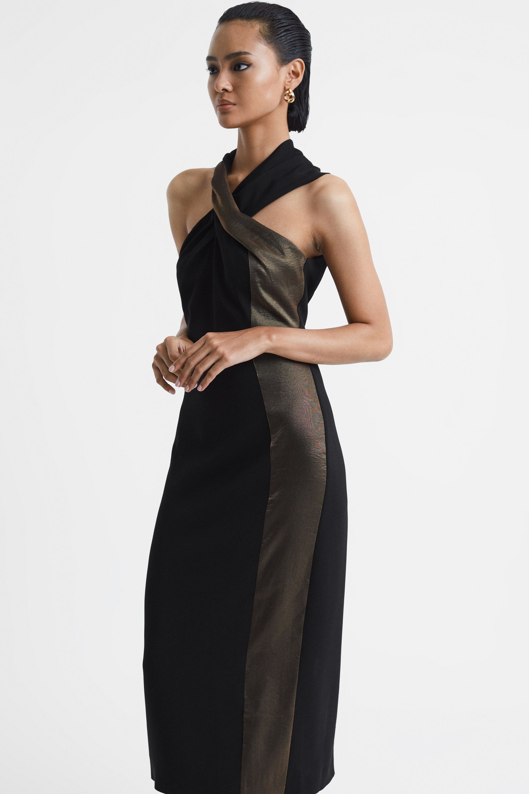 Reiss Carla - Black/bronze Carla Metallic Stripe Bodycon Midi Dress, Us 10