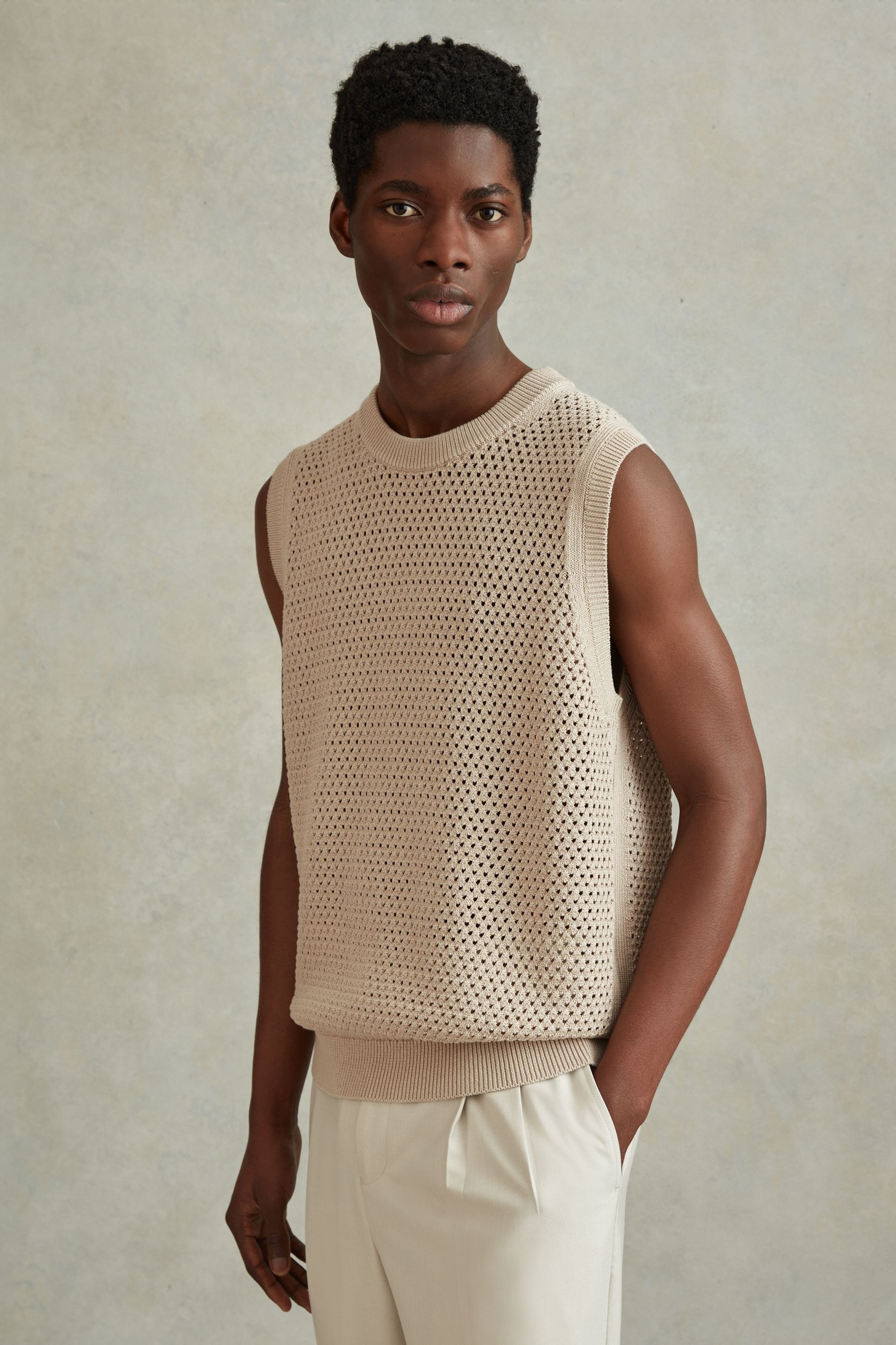 Shop Reiss Dandy - Soft Taupe Cotton Blend Crochet Vest, Xxl