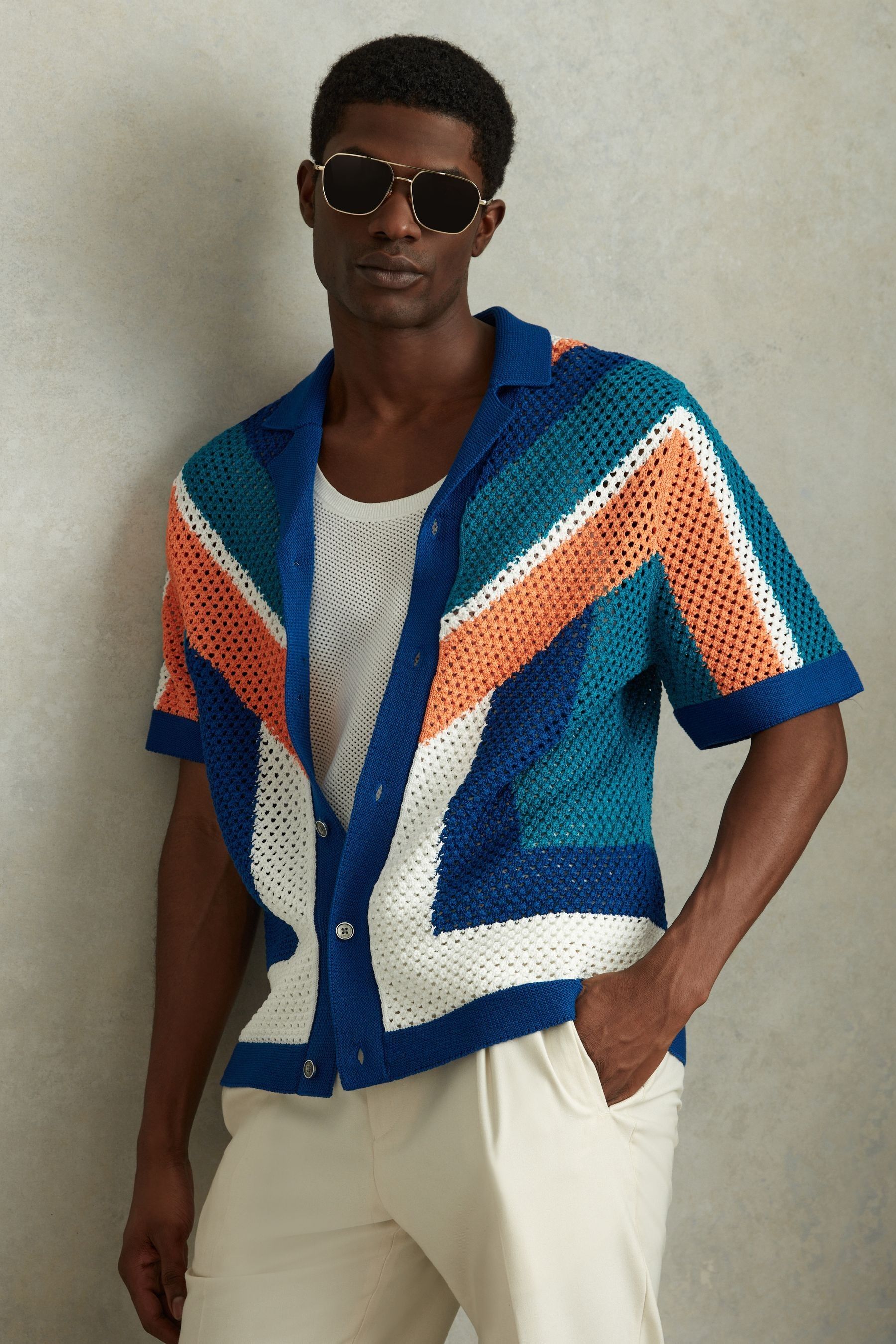 Reiss Bright Multi Panko Cotton Blend Crochet Cuban Collar Shirt In Bright Multi
