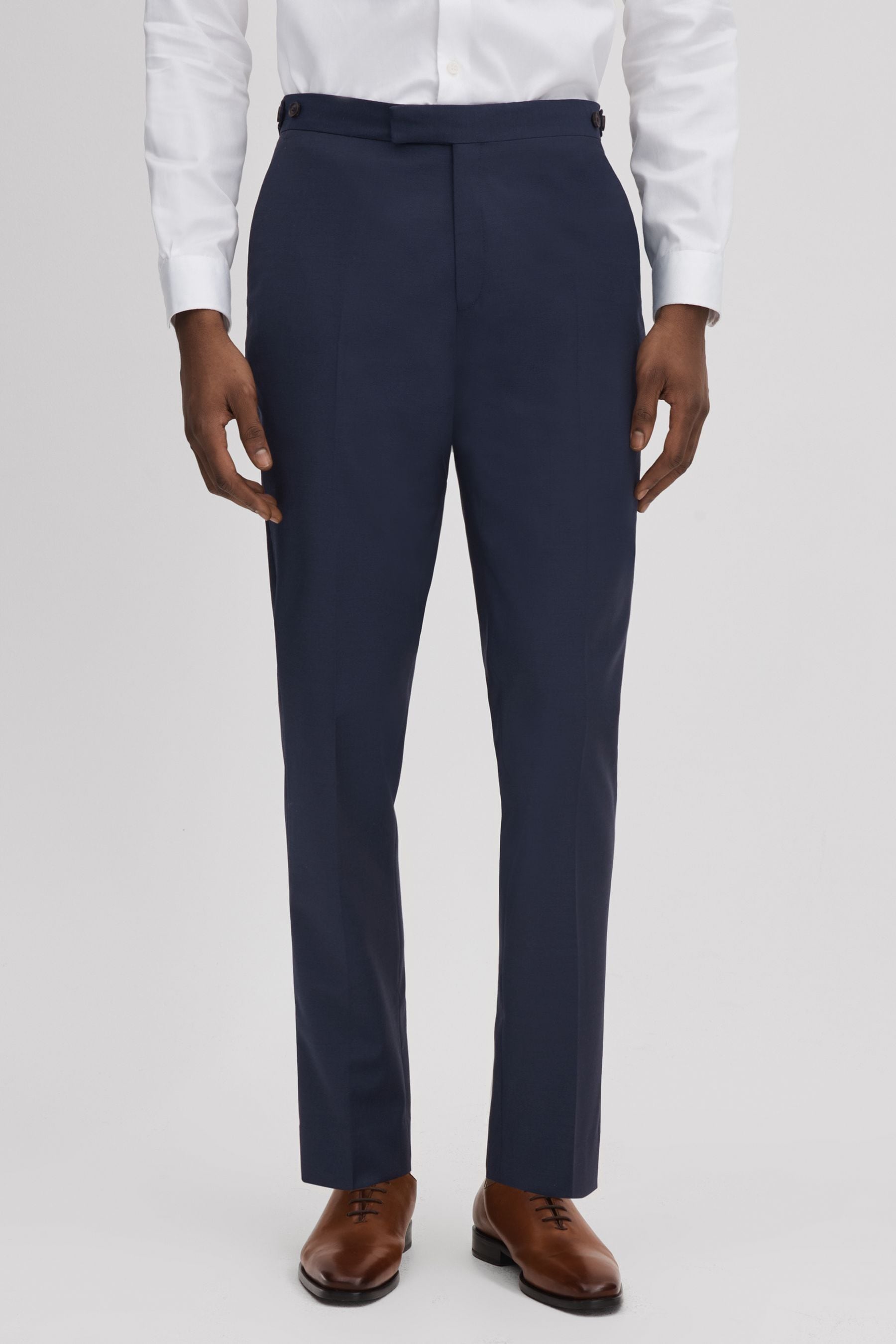 Reiss Navy Wool Side Adjuster Regular Fit Trousers In Navy