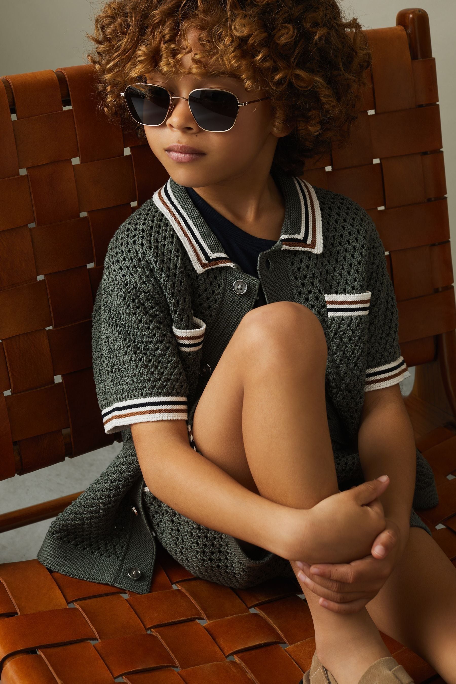 Shop Reiss Coulson - Dark Sage Green Junior Crochet Contrast Trim Shirt, Age 4-5 Years