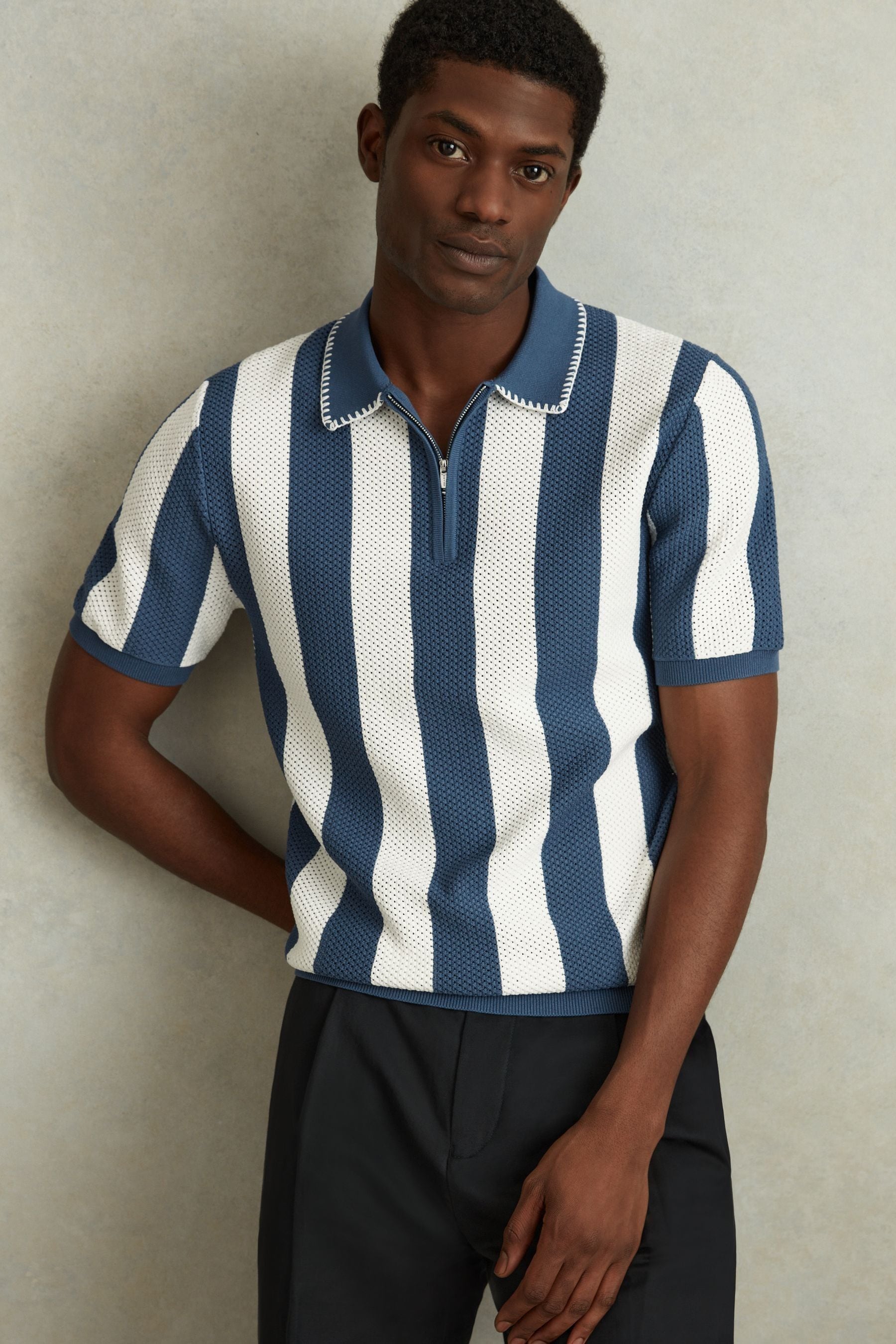 Shop Reiss Paros - Airforce Blue/ecru Knitted Half-zip Polo Shirt, Xxl