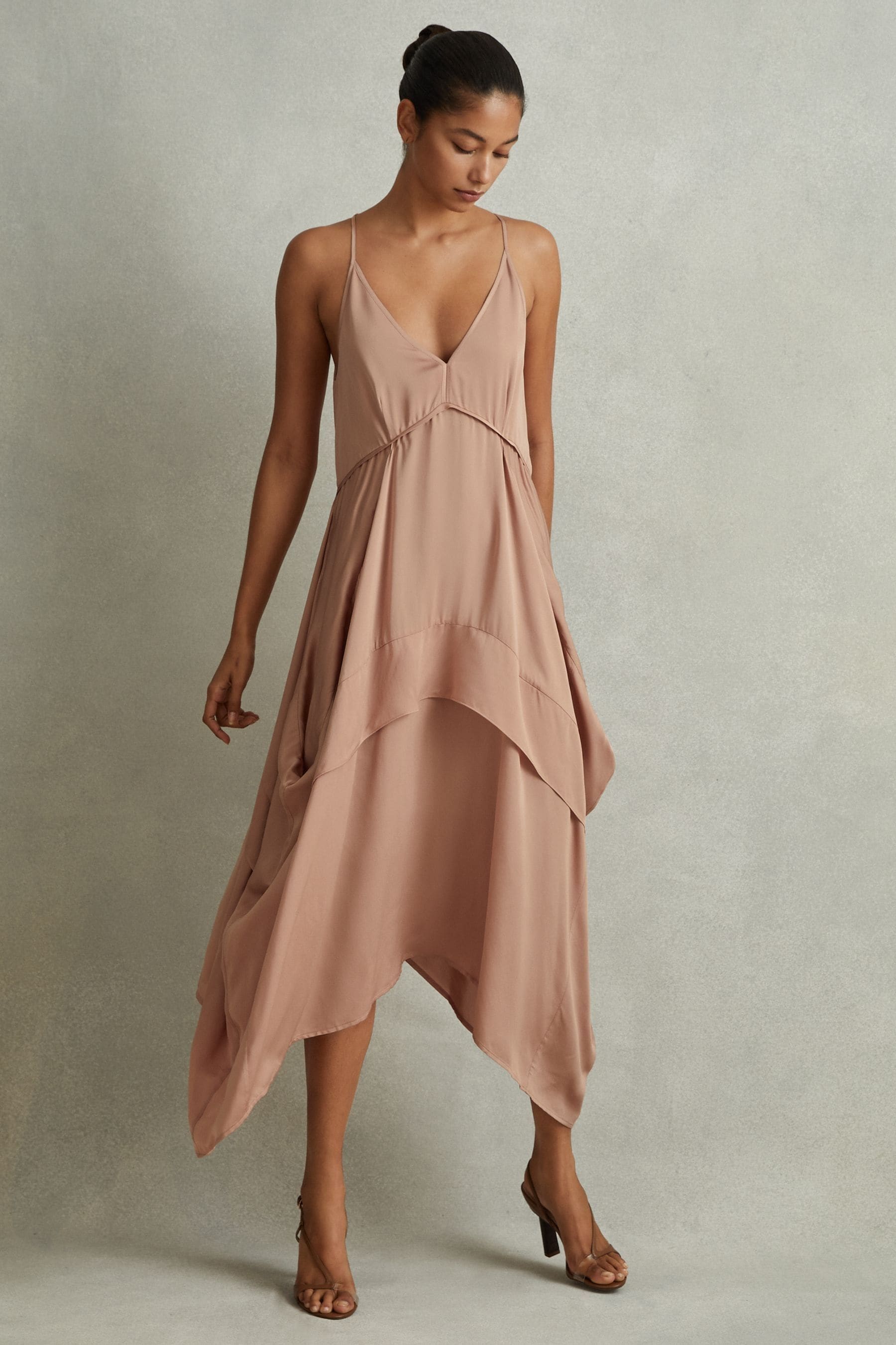 Reiss Nude Demi Viscose Side Pleat Asymmetric Midi Dress In Nude
