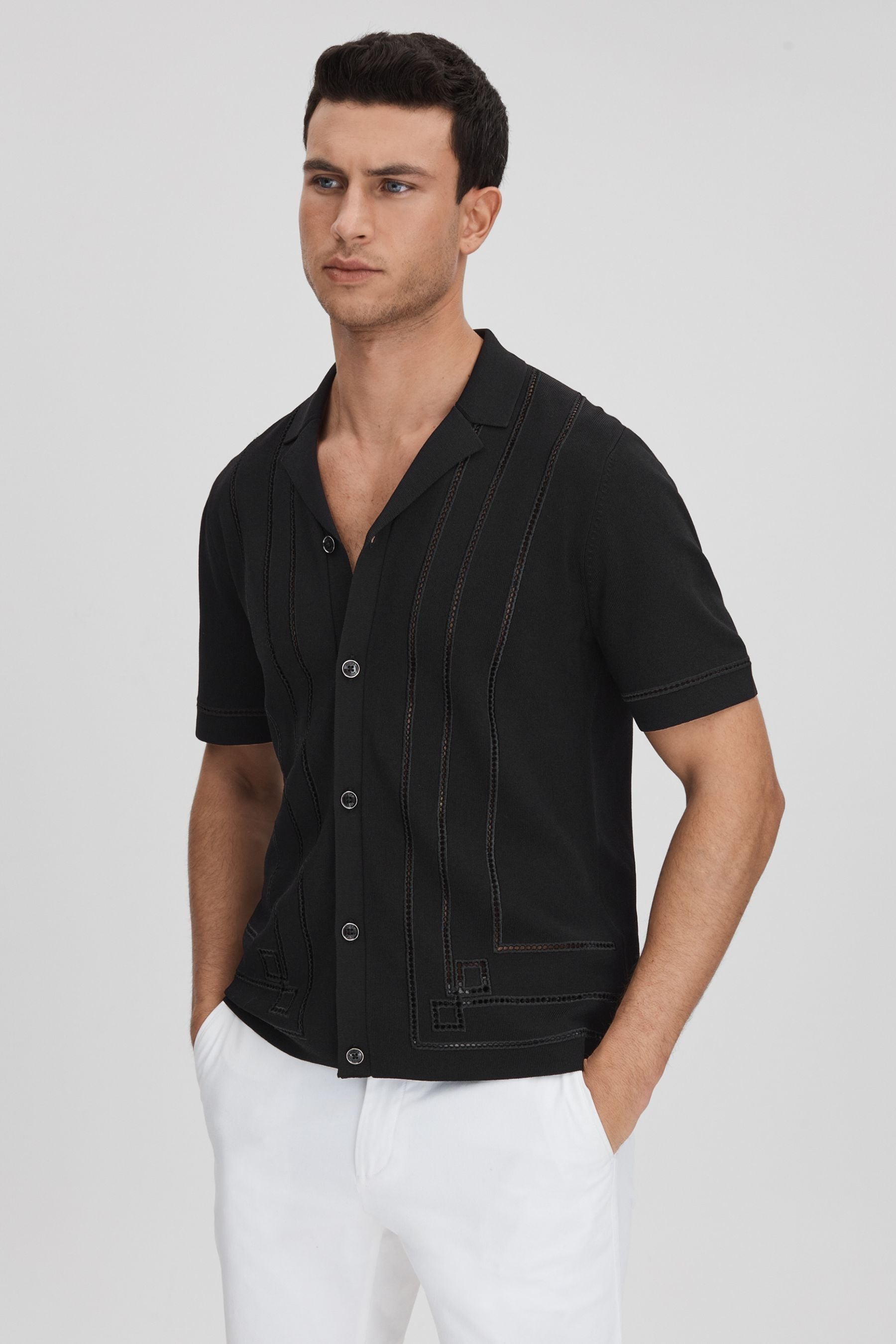 Shop Reiss Heartwood - Black Embroidered Cuban Collar Shirt, S