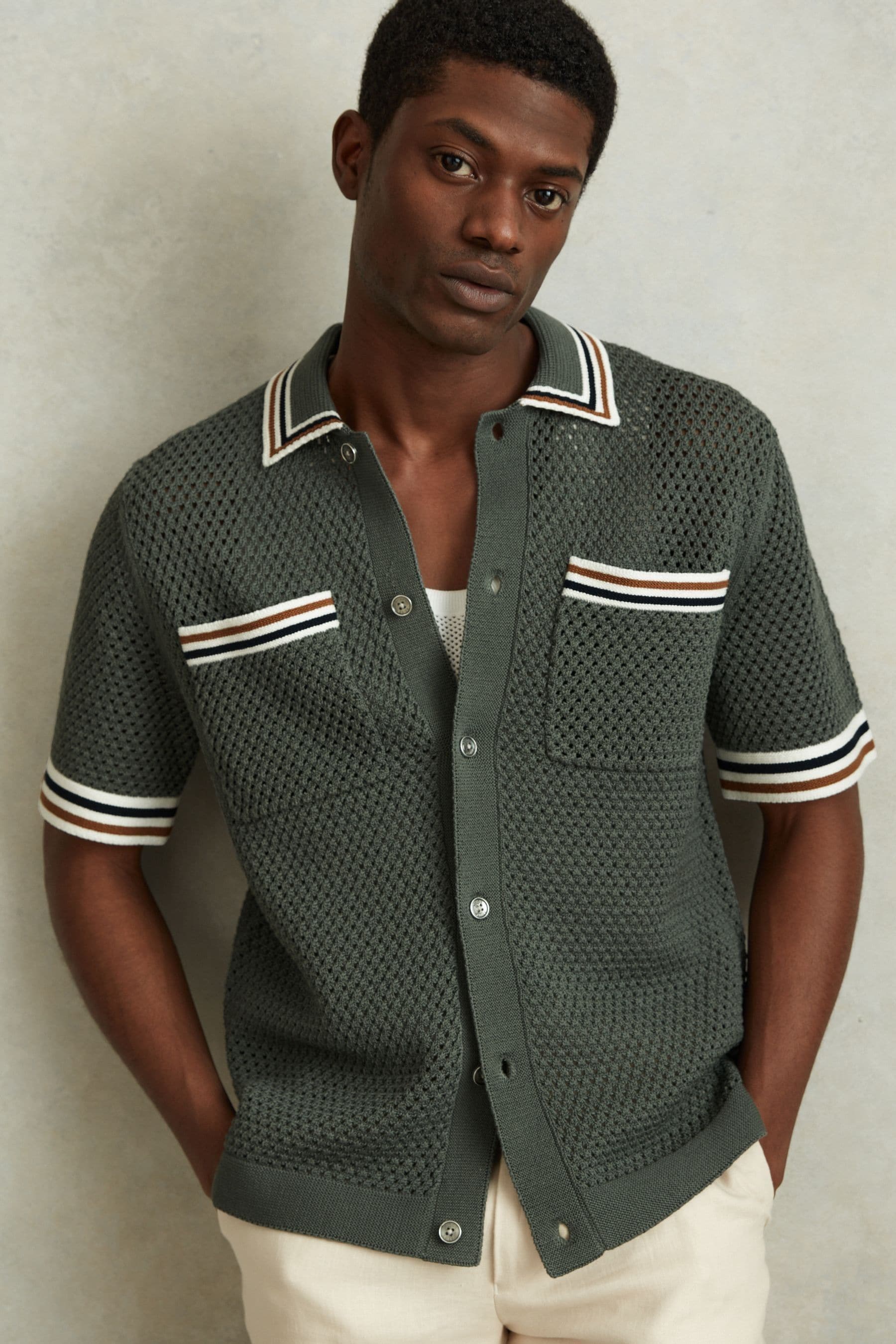 Shop Reiss Coulson - Dark Sage Green Cotton Blend Crochet Shirt, M