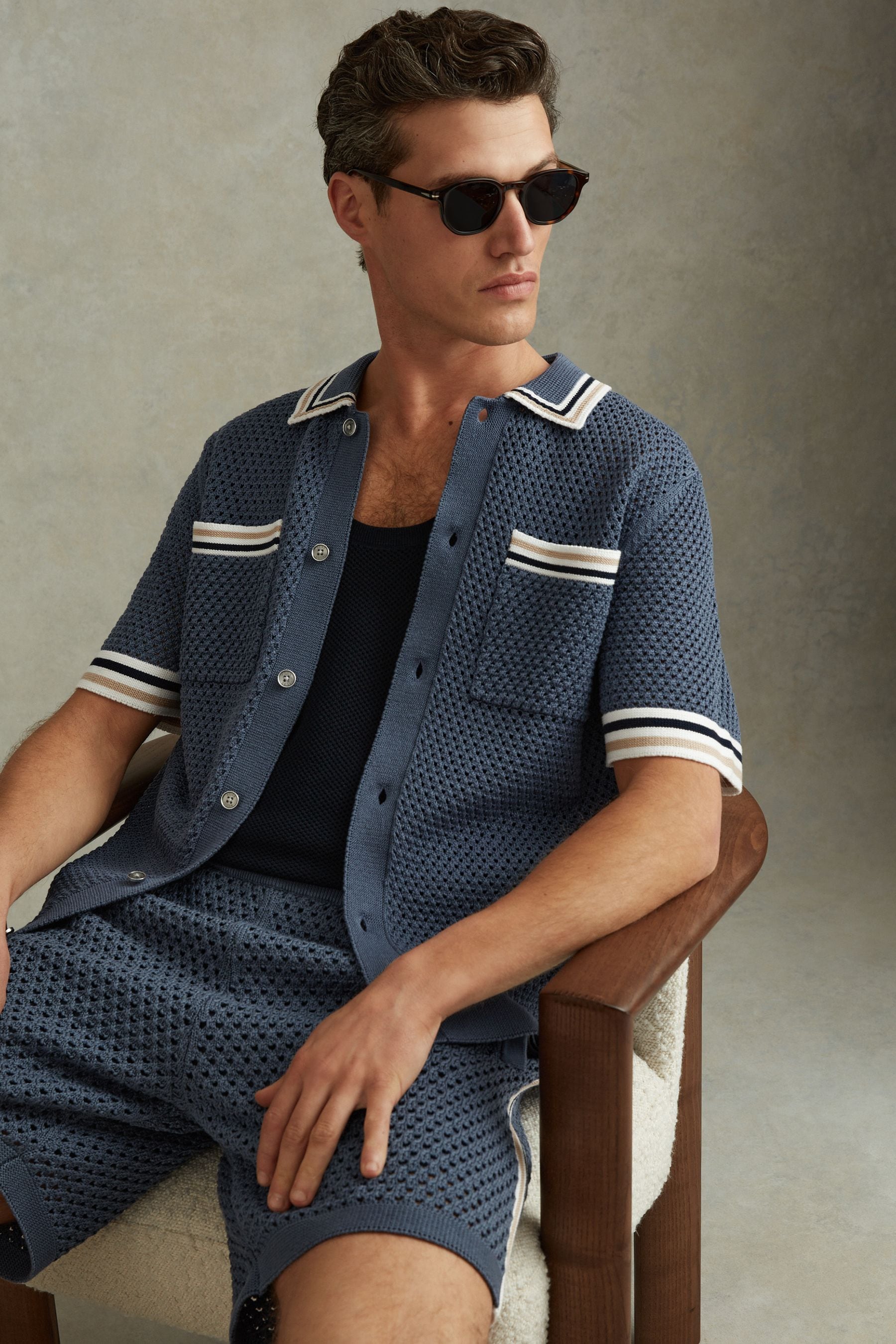 Shop Reiss Coulson - Airforce Blue Cotton Blend Crochet Shirt, M