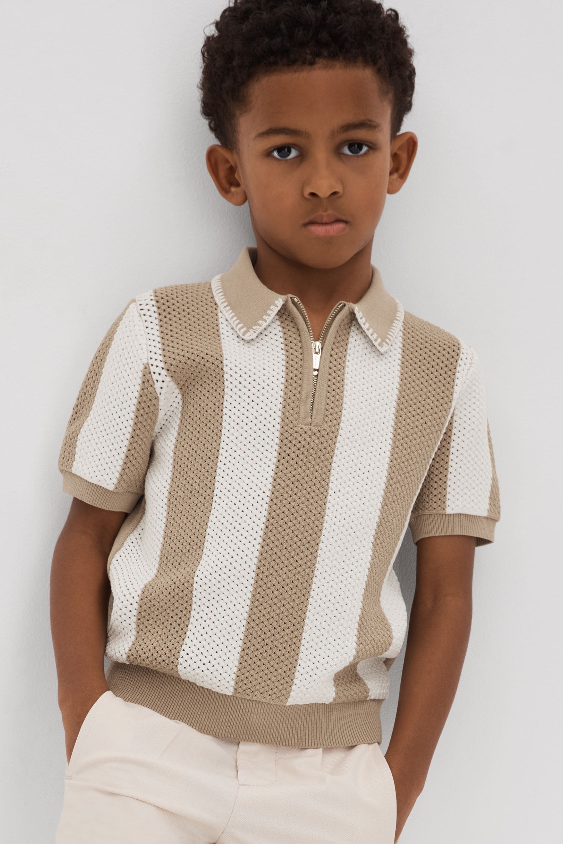Shop Reiss Paros - Brown Paros Knitted Striped Half Zip Polo Shirt, Uk 11-12 Yrs In Soft Taupe/optic White