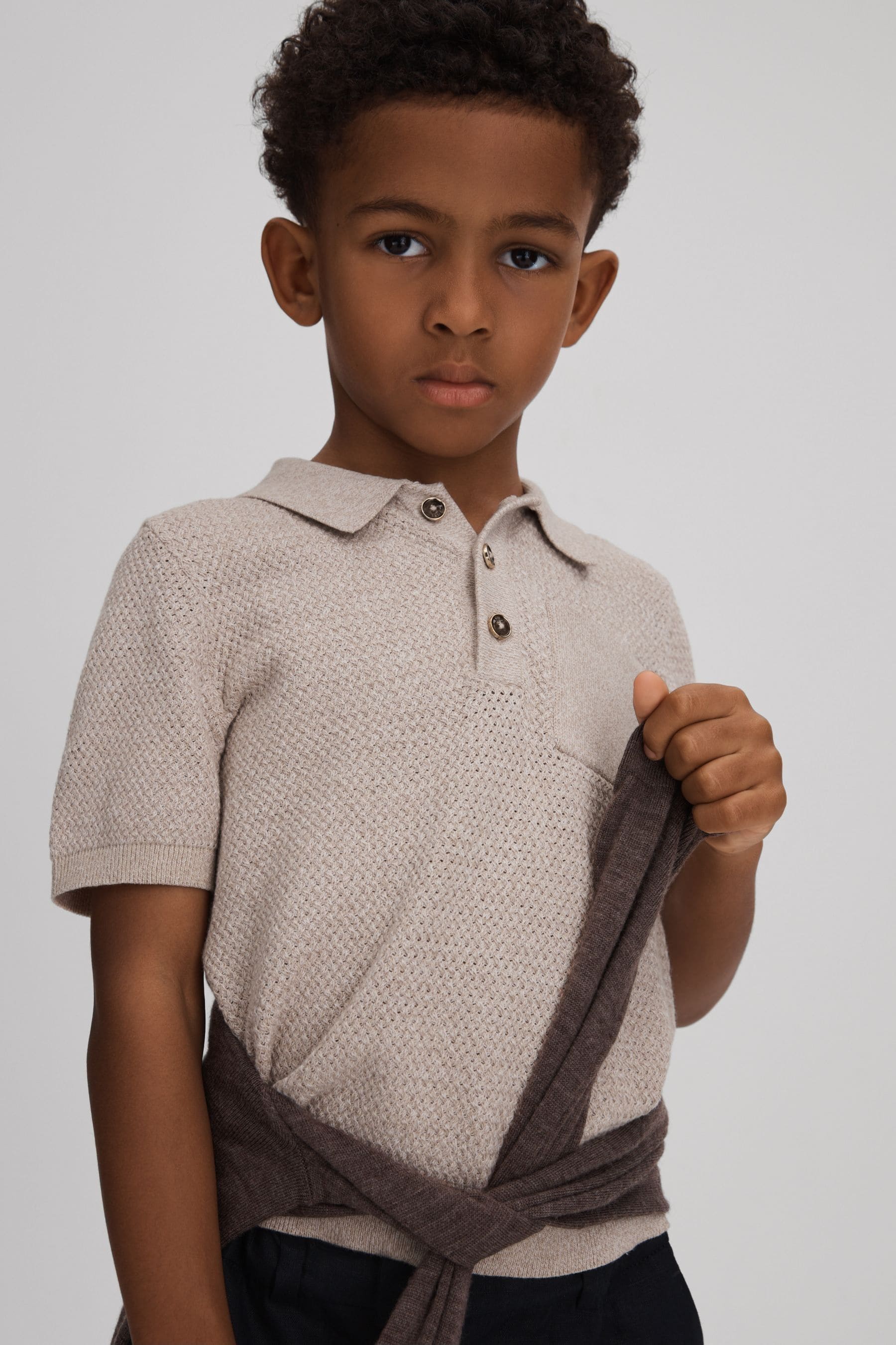 Reiss Demetri - Oatmeal Melange Textured Cotton Polo Shirt, Uk 12-13 Yrs