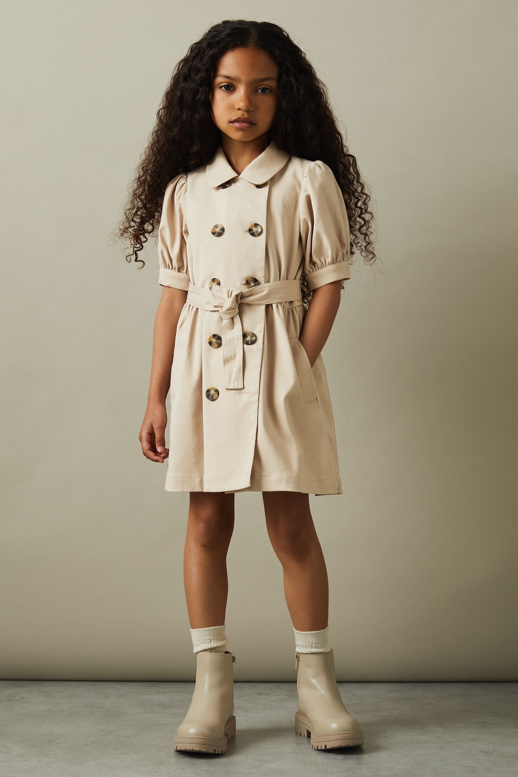 Reiss Naomi Puff Sleeve Dress Nylon Plain, Beige Size: 5