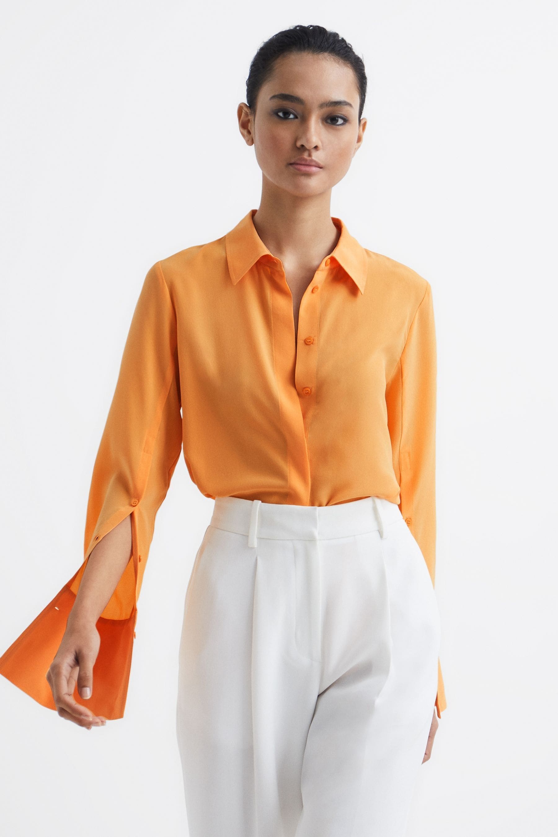 Reiss Kia Button Front Silk Shirt In Orange